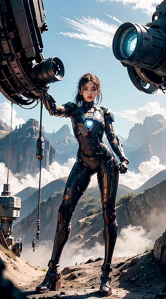 Realistic movie scene of a 20-year-old woman standing full body in a cyberpunk barren with stunning cloudscapes. (wearing an Iron Man mech) on her insanely complex anatomically adapted (graphene: 1.1) biomechanically symmetrical arms and biomechanically symmetric legs. Extremely detailed, elegant and ornate symmetrical fractal detail with Kyanite gemstone. Scene captured with bright soft natural light, dramatic shadows and beautiful vibrant colors. Romantic art style. 8k resolution image with cyberpunk style, intricate symmetrical details. The whole picture is indomitable and heroic. It is mainly a complete picture of a man standing with his whole body, smooth movements and confident expression.