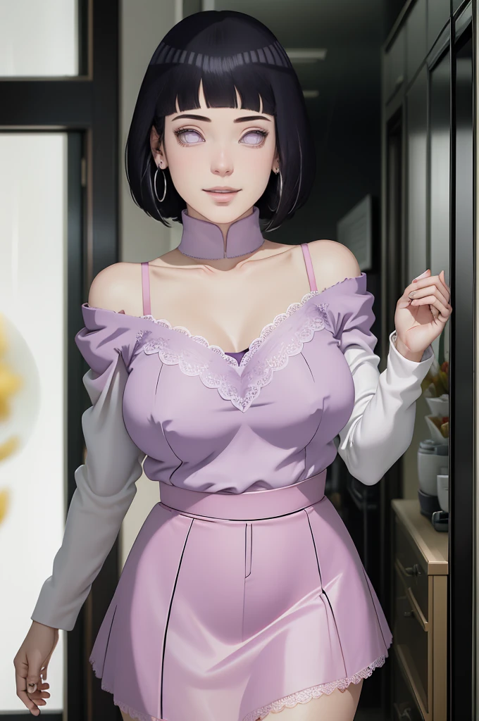 (masterpiece) (huge titusty, masterpiece, absurdres, hinata\(boruto\), 1girl, solo,mature female, off-shoulder bra, high waist short skirt, looking at viewelling petals), perfect composition, detailed lips, big breast, beautiful face, body propotion, blush, (pink lips), short hair, purple eyes, soft gaze, super realistic, detailed, photoshoot, realistic face and body, dancing lightly, lilac eyes, full body, lace clothes, smiling with closed mouth, with large hoop earrings
