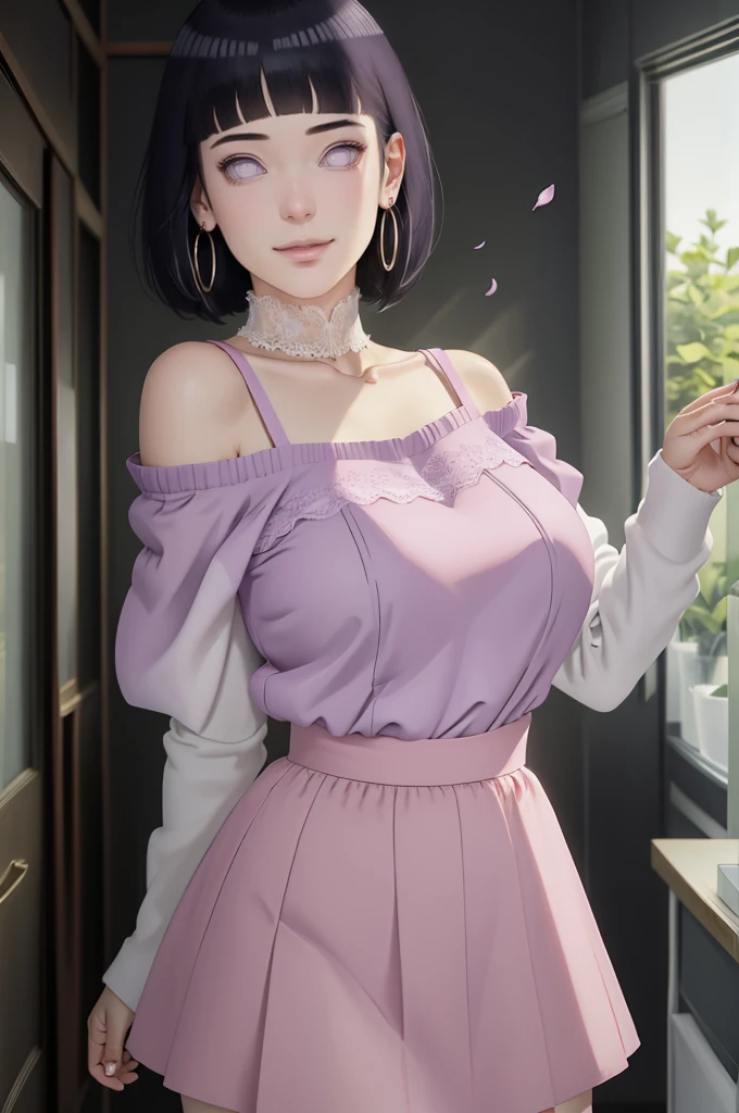 (masterpiece) (huge titusty, masterpiece, absurdres, hinata\(boruto\), 1girl, solo,mature female, off-shoulder bra, high waist short skirt, looking at viewelling petals), perfect composition, detailed lips, big breast, beautiful face, body propotion, blush, (pink lips), short hair, purple eyes, soft gaze, super realistic, detailed, photoshoot, realistic face and body, dancing lightly, lilac eyes, full body, lace clothes, smiling with closed mouth, with large hoop earrings