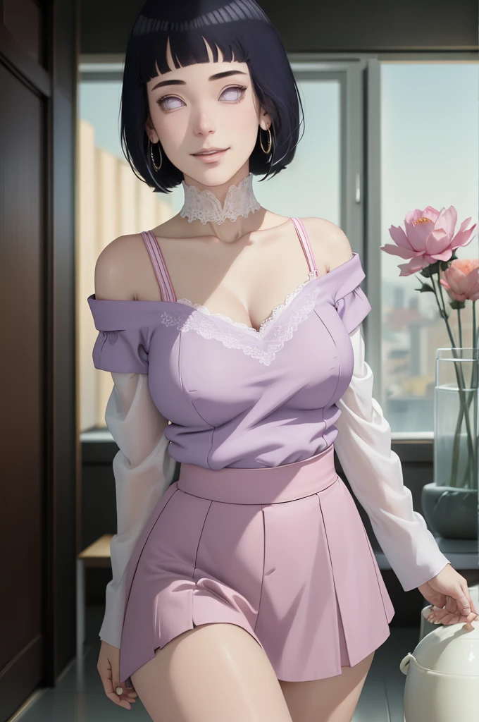 (masterpiece) (huge titusty, masterpiece, absurdres, hinata\(boruto\), 1girl, solo,mature female, off-shoulder bra, high waist short skirt, looking at viewelling petals), perfect composition, detailed lips, big breast, beautiful face, body propotion, blush, (pink lips), short hair, purple eyes, soft gaze, super realistic, detailed, photoshoot, realistic face and body, dancing lightly, lilac eyes, full body, lace clothes, smiling with closed mouth, with large hoop earrings