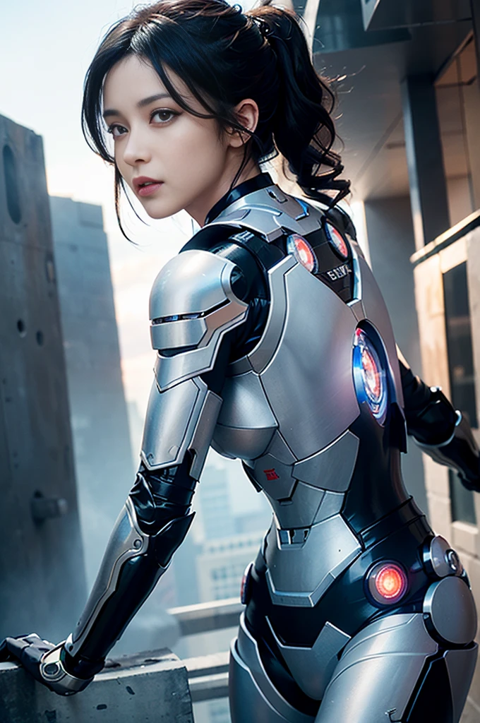 RAW, Masterpiece, Super Fine Photo,, Best Quality, Ultra High Resolution, Photorealistic Photorealism, Sunlight, Full Body Portrait, Amazing Beauty,, Dynamic Pose, Delicate Face, Vibrant Eyes, (From the side), She Wears Futuristic Iron Man Mech, Very Detailed Background, Detailed Face, Detailed Complex Busy Background, Messy, Gorgeous, Milky White, Highly Detailed Skin, Realistic Skin Details, Visible Pores, Sharp Focus, Volumetric Fog, 8K UHD, DSLR, High Quality, Film grain, fair skin, photorealism, lomography, sprawling metropolis in futuristic dystopia, seen from below, translucent, large breasts