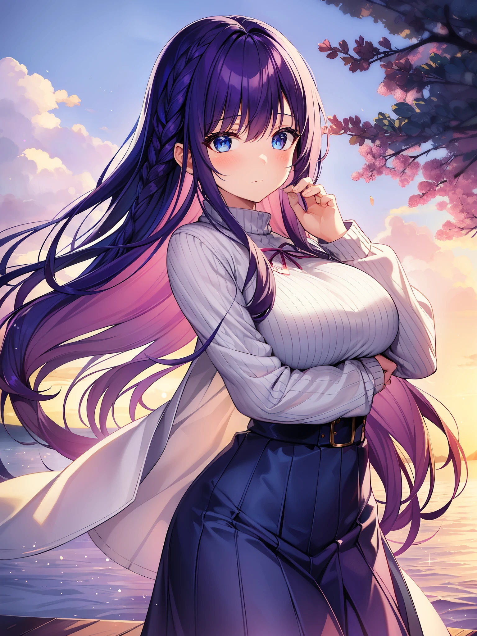 masterpiece、(highest quality)、1 female、1 female、Akiko Minase、long hair、purple hair、blue eyes、Braid、片Braid、Hair intake、hair on shoulders、(mature woman)、skirt、sweater、cardigan、big breasts、、sexy women、adult、bright colors of blush、Natural light、RTX、hair between eyes、beautiful、(detailed face:1.2)、showcase、(perfect eyes:1.1)、(photorealistic:1.1)、8k UHD、look at viewer、outdoor、simple background