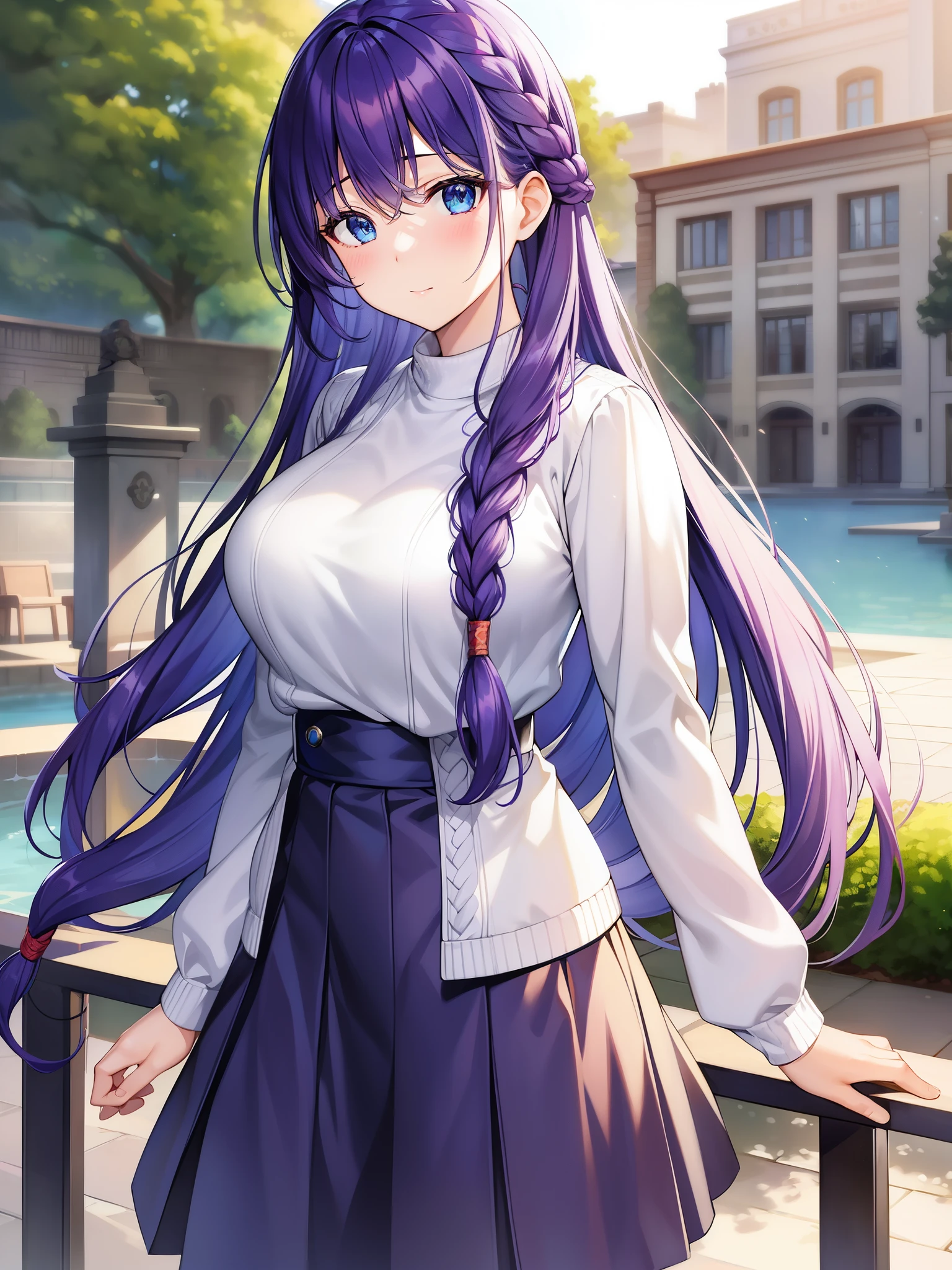 masterpiece、(highest quality)、1 female、1 female、Akiko Minase、long hair、purple hair、blue eyes、Braid、片Braid、Hair intake、hair on shoulders、(mature woman)、skirt、sweater、cardigan、big breasts、、sexy women、adult、bright colors of blush、Natural light、RTX、hair between eyes、beautiful、(detailed face:1.2)、showcase、(perfect eyes:1.1)、(photorealistic:1.1)、8k UHD、look at viewer、outdoor、simple background