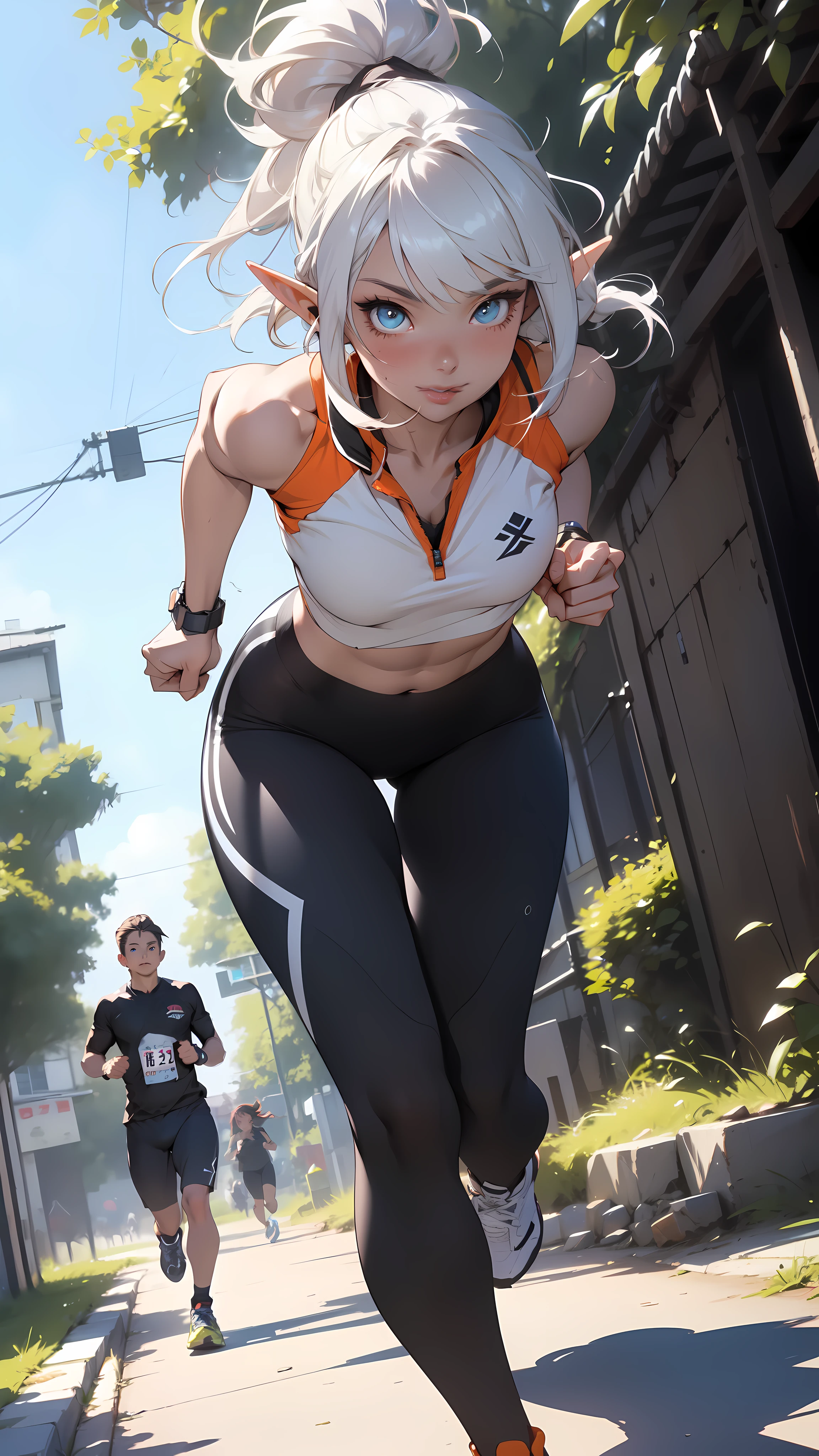 [[realistic shadow]], (Ray tracing), (Best lighting), (Depth of field:1.2), (Warm), (cg art), ((masterpiece)), (top quality), (best quality), ((ultra-detailed, 8k quality)), Aesthetics, Cinematic lighting, soft semi-backlit light, (detailed line art), absurdres, (best composition), (high-resolution),
BREAK,
beautiful of ((elf girl)),  Runners, (White and black lined Jersey), sports leggings, sneakers, Beautiful scene, detailed background, Sunbeam, Running toward viewer in the park, [[motion speed effect]], [blurry], dynamic pose, [intense angle], Tree-lined avenue, lot of woods, lot of people running, sweating, atmospheric perspective, cinematic dramatic atmosphere,
BREAK,
highly detailed of (dark elf), (1girl), solo, perfect face, details eye, ahoge, French braids, long sideburns, ponytail, white shining hair, (hime cut bangs), medium hair, (blue eyes), shining eyes, (beautiful detailed eyelashes, eyeshadow, pink eyeshadow), Smiling, Concept art by Mikimoto Haruhiko, by Kawacy, By Yoshitaka Amano,
BREAK, 
((perfect anatomy)), perfect body, Abs, (medium breast), perfect hands, perfect face, beautiful face, beautiful eyes, perfect eyes, (perfect fingers, deatailed fingers), correct anatomy, perfect legs, 