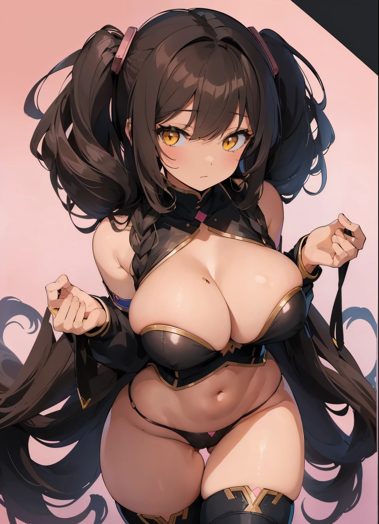 masterpiece, best quality, finely detailed, high resolution, 1girl, by buta99, by chelodoy, by spikedmauler, by cervina7, solo, female, ((hair, snout)), lips, big ass, eyelashes, standing up, happy, eyeliner, big breasts, cleavage, cameltoe, yellow eyes, sexy, long curly black curly hair, Afro hair, brown skin, small , black girl, sexy, slim waist, skinny, slim, skinny, milf, thick thighs, pretty, pink clothes, evil , sparkles, pastel background, black lipstick, black curly hair, braids, skinny,