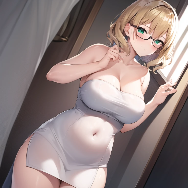masterpiece, best quality, 1girl, solo, milf, forehead, large breasts, plump, large belly, thick thighs, wavy hair, very short hair, blonde hair, green eyes, round glasses, white dress, white dress, tube dress, strapless dress, blush, smirk, looking at viewer