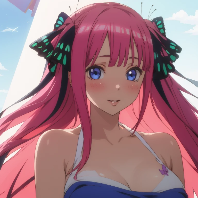 masterpiece, best quality, ultra detailed, best illustration, nsfw, 1girl, one-piece swimsuit, nakano nino, pink hair, butterfly hair ornament, おっぱい