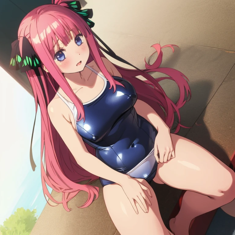 masterpiece, best quality, ultra detailed, best illustration, nsfw, 1girl, one-piece swimsuit, nakano nino, pink hair, butterfly hair ornament, おっぱい