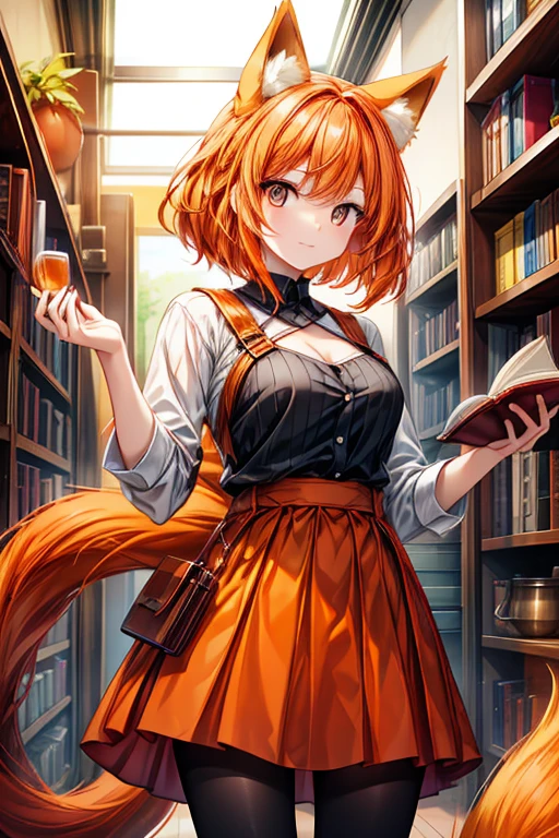 An orange haired woman with copper eyes and orange fox ears and an orange fox tail is presenting a book