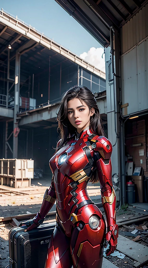 8k, realistic, attractive, highly detailed, a 20 year old girl a sexy and attractive woman inspired by Iron Man wearing a shiny Iron Man mech. She dresses with sexiness and confidence, perfectly interpreting Iron Man's strength and charisma. The abandoned warehouse serves as a backdrop, creating a unique atmosphere that highlights her bravery and perseverance. The cloudy sky adds a sense of tension and mystery to the whole scene. This high-definition, high-quality picture will bring you a shocking visual experience. The detailed abandoned warehouse and shiny mechs will keep your eyes on you. oc rendering, dramatic lighting, award winning quality