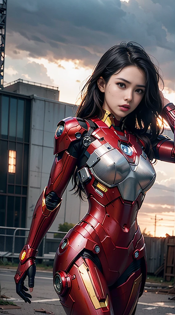 8k, realistic, attractive, highly detailed, a 20 year old girl a sexy and attractive woman inspired by Iron Man wearing a shiny Iron Man mech. She dresses with sexiness and confidence, perfectly interpreting Iron Man's strength and charisma. The abandoned warehouse serves as a backdrop, creating a unique atmosphere that highlights her bravery and perseverance. The cloudy sky adds a sense of tension and mystery to the whole scene. This high-definition, high-quality picture will bring you a shocking visual experience. The detailed abandoned warehouse and shiny mechs will keep your eyes on you. oc rendering, dramatic lighting, award winning quality