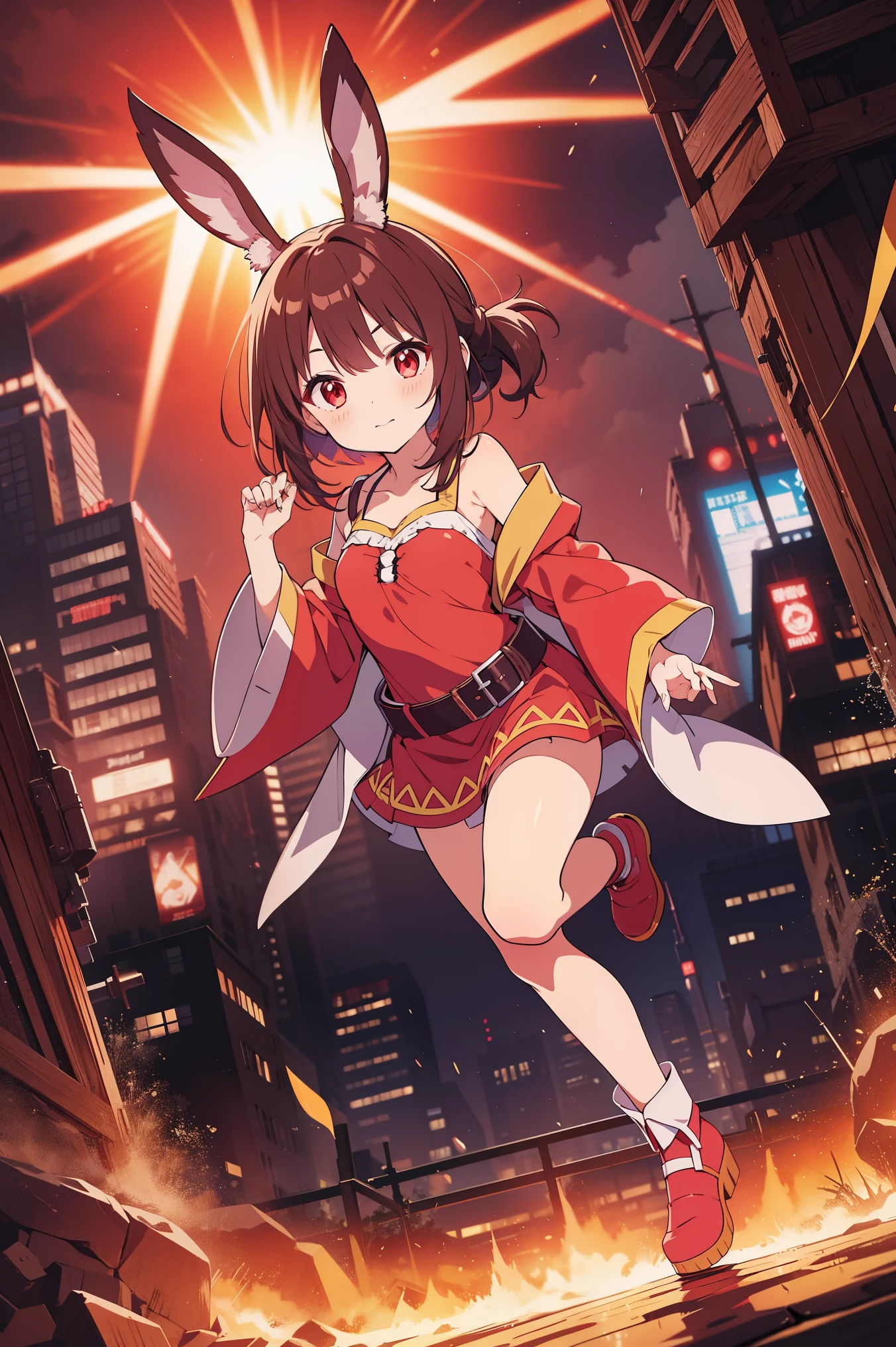 Visualize Megumin from Konosuba with red eyes, short brown hair, bunny ears, wearing a cyberpunk-style outfit, and depicted in full body. 