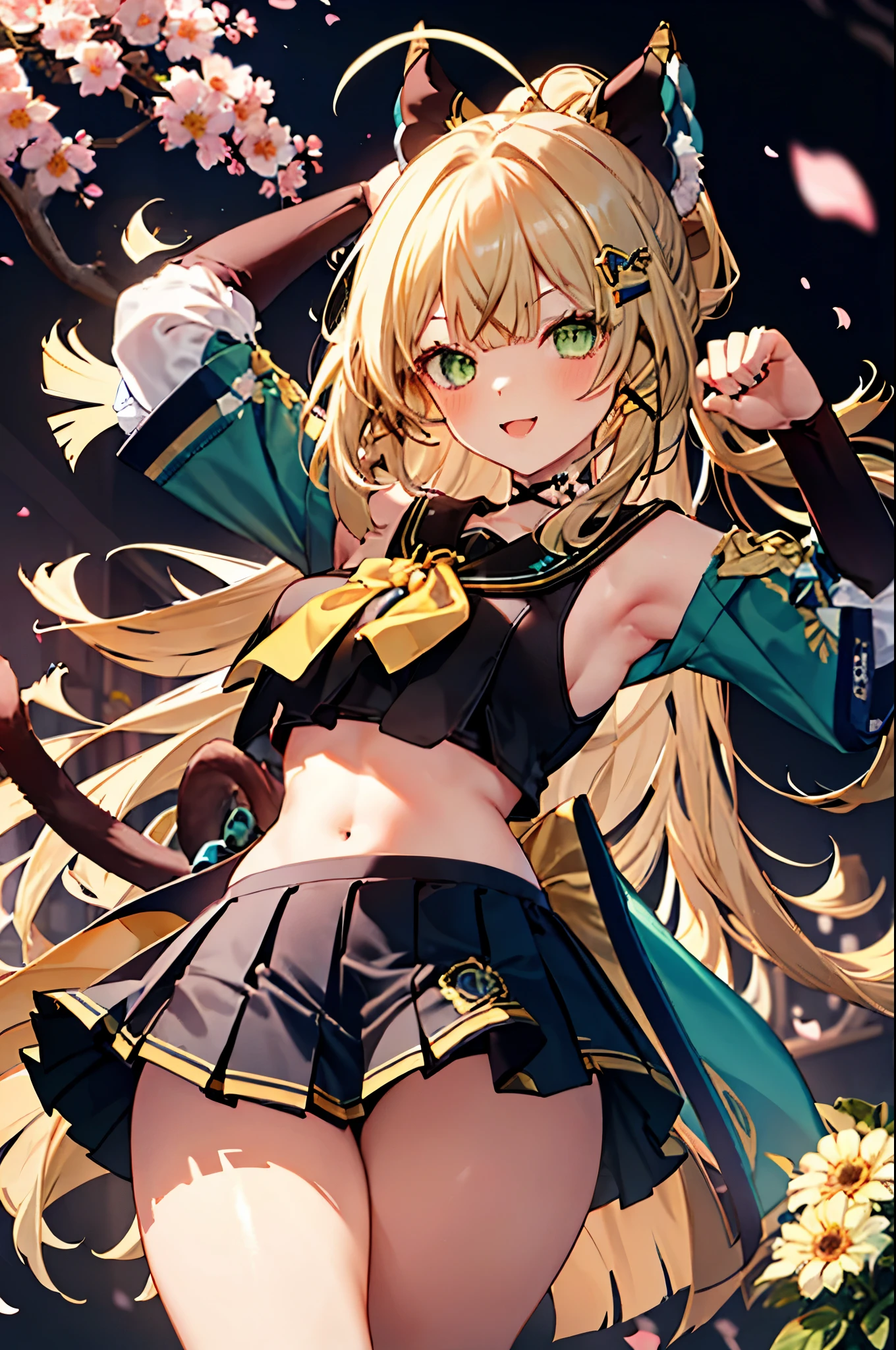 realistic image, coherent image, detailed image, 1 girl, has pale ash blonde hair sticking out in strands and green eyes, Part of her hair is tied in a high ponytail. She wears a brown cat ear type accessory decorated with gold and flowers. Her hair has several yellow and brown hairpins, as well as a flower-shaped clip to the right of her hair. Hers is a delicate oval face, blushing, smiling, she is wearing a crop top, pleated mini skirt, long stockings, sports shoes, medium breasts, curvy body, thick thighs, shy pose, black background, uniform background,