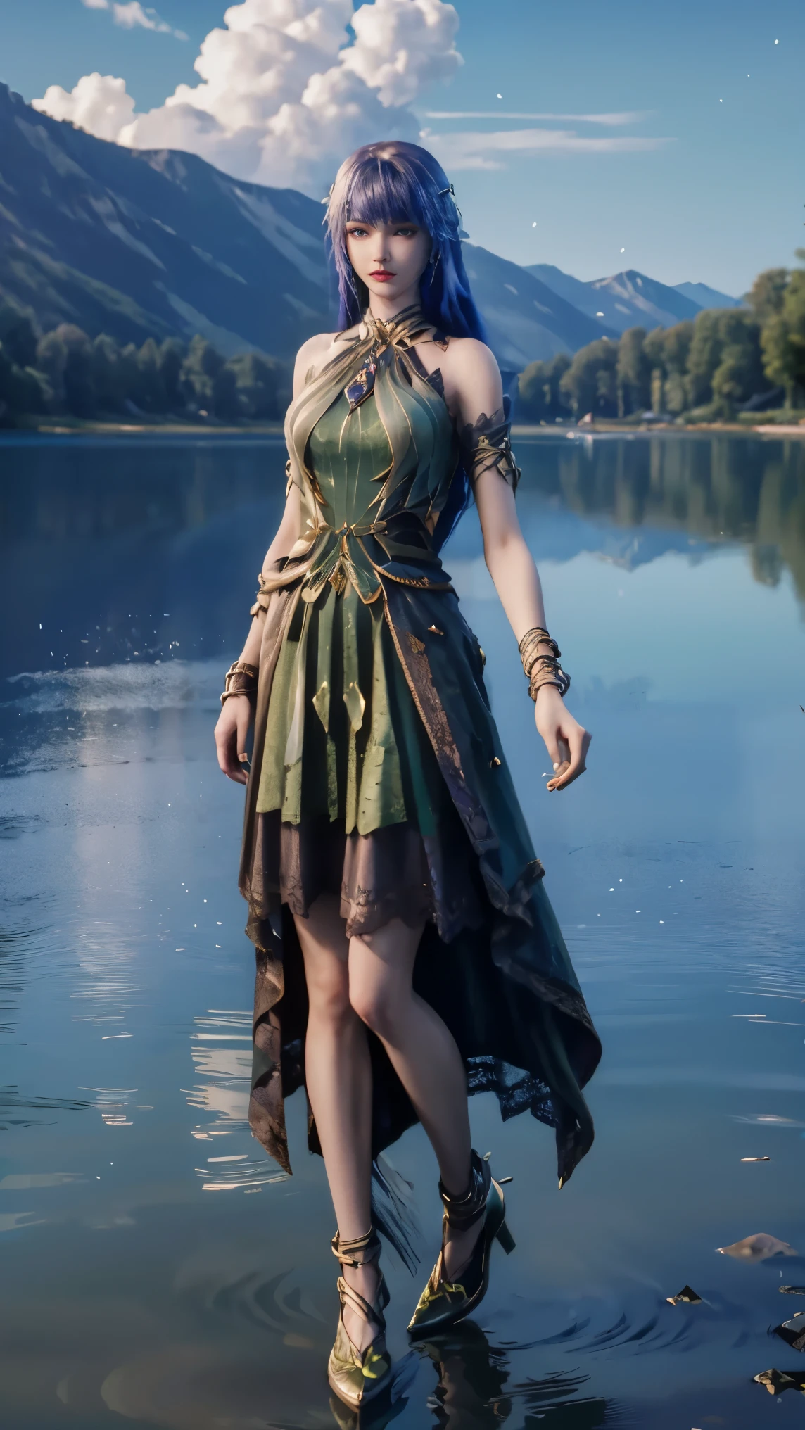 8k, masterpiece, 1 girl, beautiful face, very long hair, light makeup, detailed eyes, detailed lips, small bust, detailed dress, green dress, (wearing jewellery:1.8), (green lace:1.4), ((lake:1.4)), full body