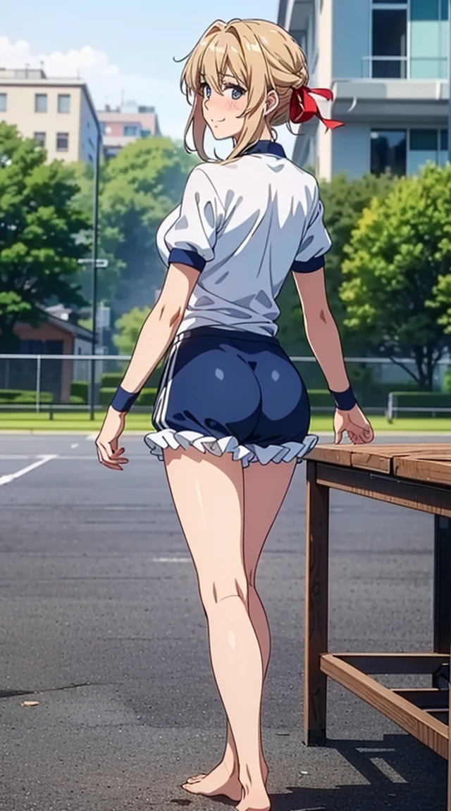 ((table top, highest quality, High resolution, nffsw, perfect pixel, 4K, nffsw, nffsw))),1 girl, violet evergarden,table top, highest quality, blonde hair, blue eyes, hair between eyes, looking at the viewer, full body shot、ribbon、 ((gentle smile, blush:1.2)), ((smooth texture:0.75, realistic texture:0.65, realistic:1.1, Anime CG style)), medium breasts, ((full body shot))、 slender body, (White short-sleeved gym clothes with navy blue cuffs)、((Navy high-leg bloomers))、(volleyball uniform)、((barefoot))、dark blue socks、big smile、school building、ground、schoolyard、Looking back from the back