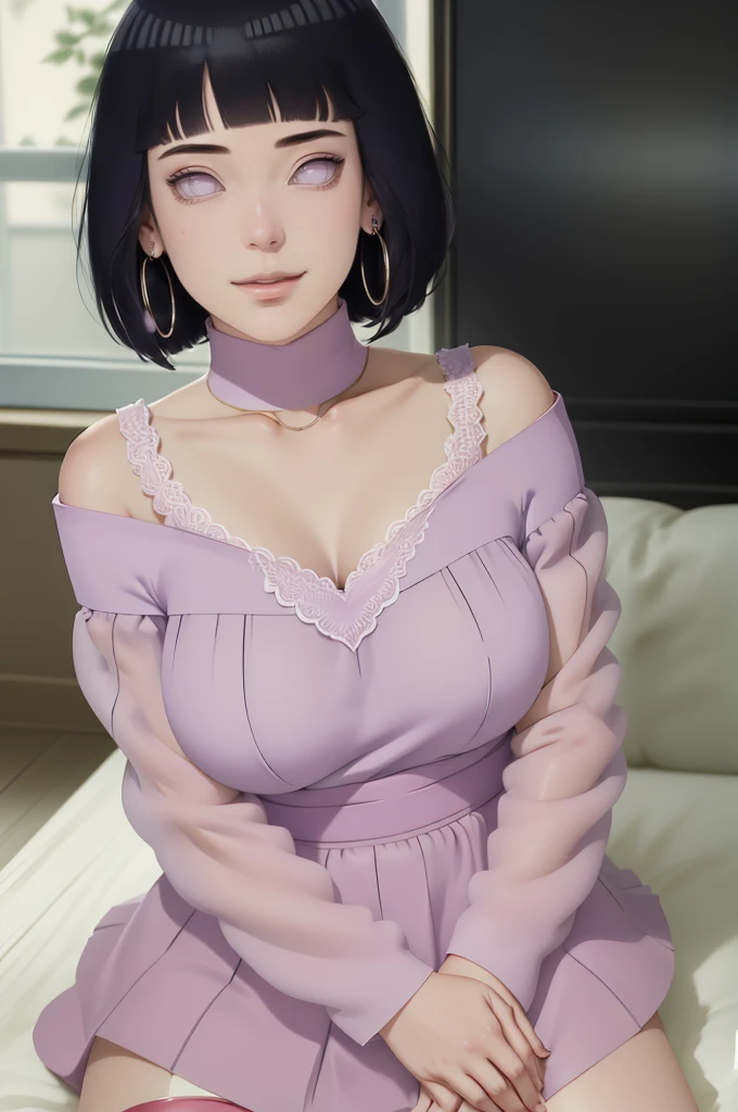 (masterpiece) (huge titusty, masterpiece, absurdres, hinata\(boruto\), 1girl, solo,mature female, off-shoulder bra, high waist short skirt, looking at viewelling petals), perfect composition, detailed lips, big breast, beautiful face, body propotion, blush, (pink lips), short hair, purple eyes, soft gaze, super realistic, detailed, photoshoot, realistic face and body, sitting on the ber, lilac eyes, full body, lace clothes, smiling with closed mouth, with large hoop earrings