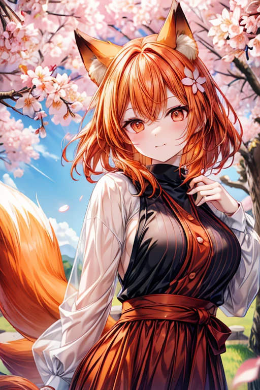 An orange haired woman with copper eyes and orange fox ears and an orange fox tail is  winking underneath a cherry blossom
