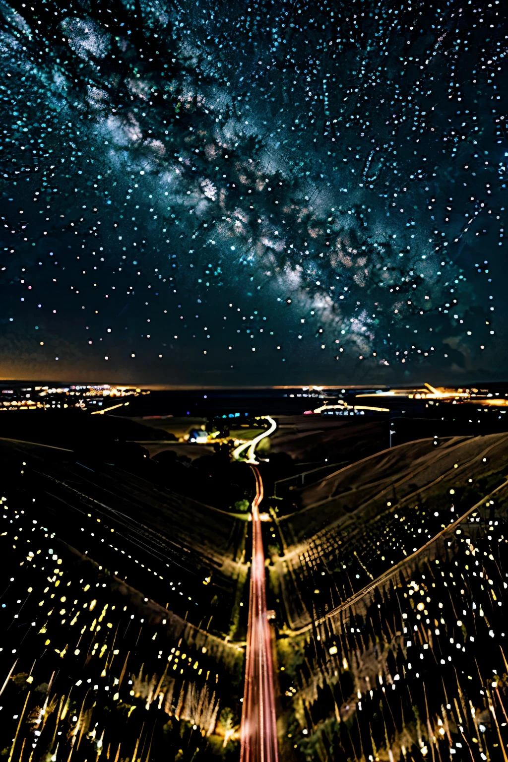 from above, light trail photography, starry sky, beautiful scenery, best quality, 32k, RAW photo, incredibly absurdres, extremely detailed, delicate texture