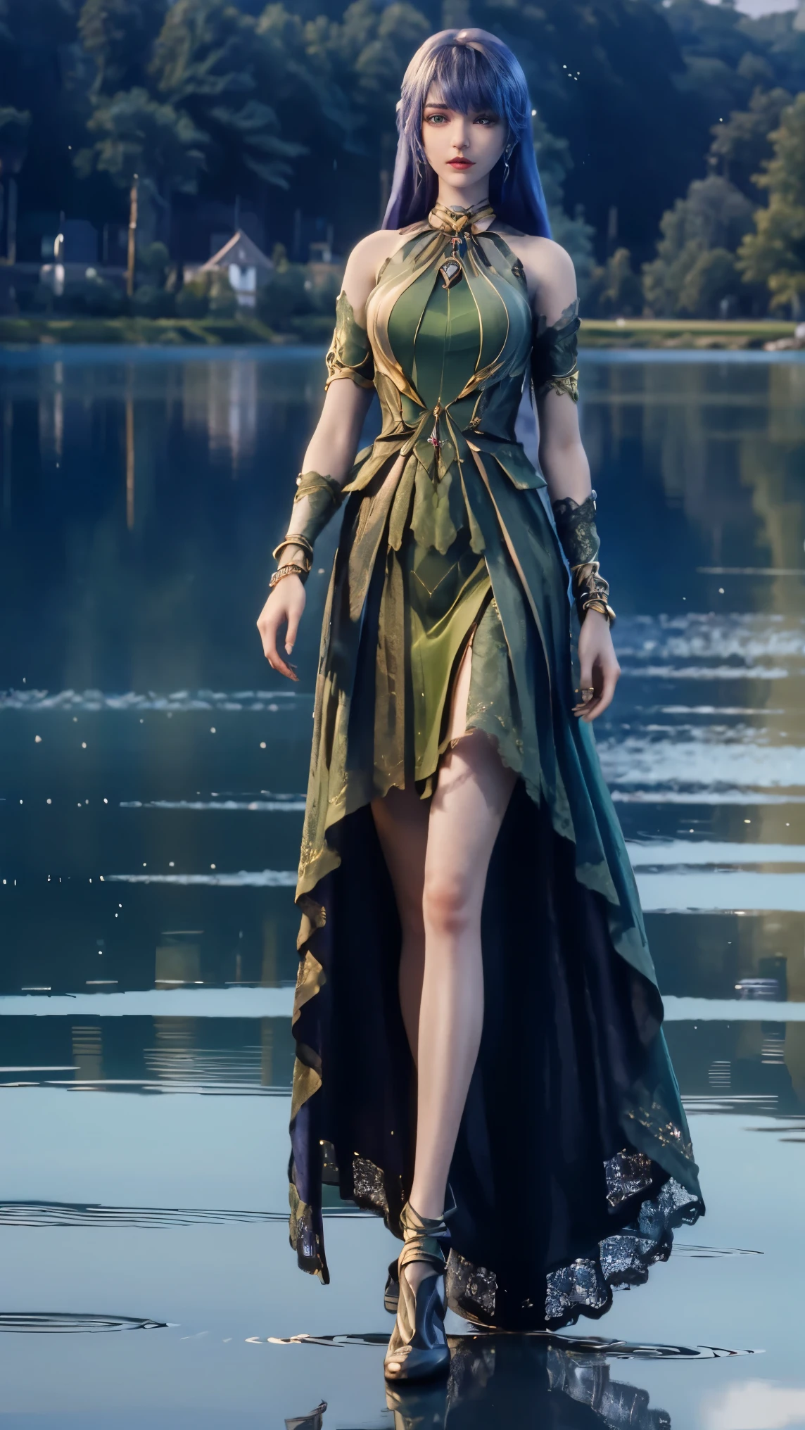8k, masterpiece, 1 girl, beautiful face, very long hair, light makeup, detailed eyes, detailed lips, small bust, detailed dress, green dress, (wearing jewellery:1.8), (green lace:1.4), ((lake:1.4)), full body