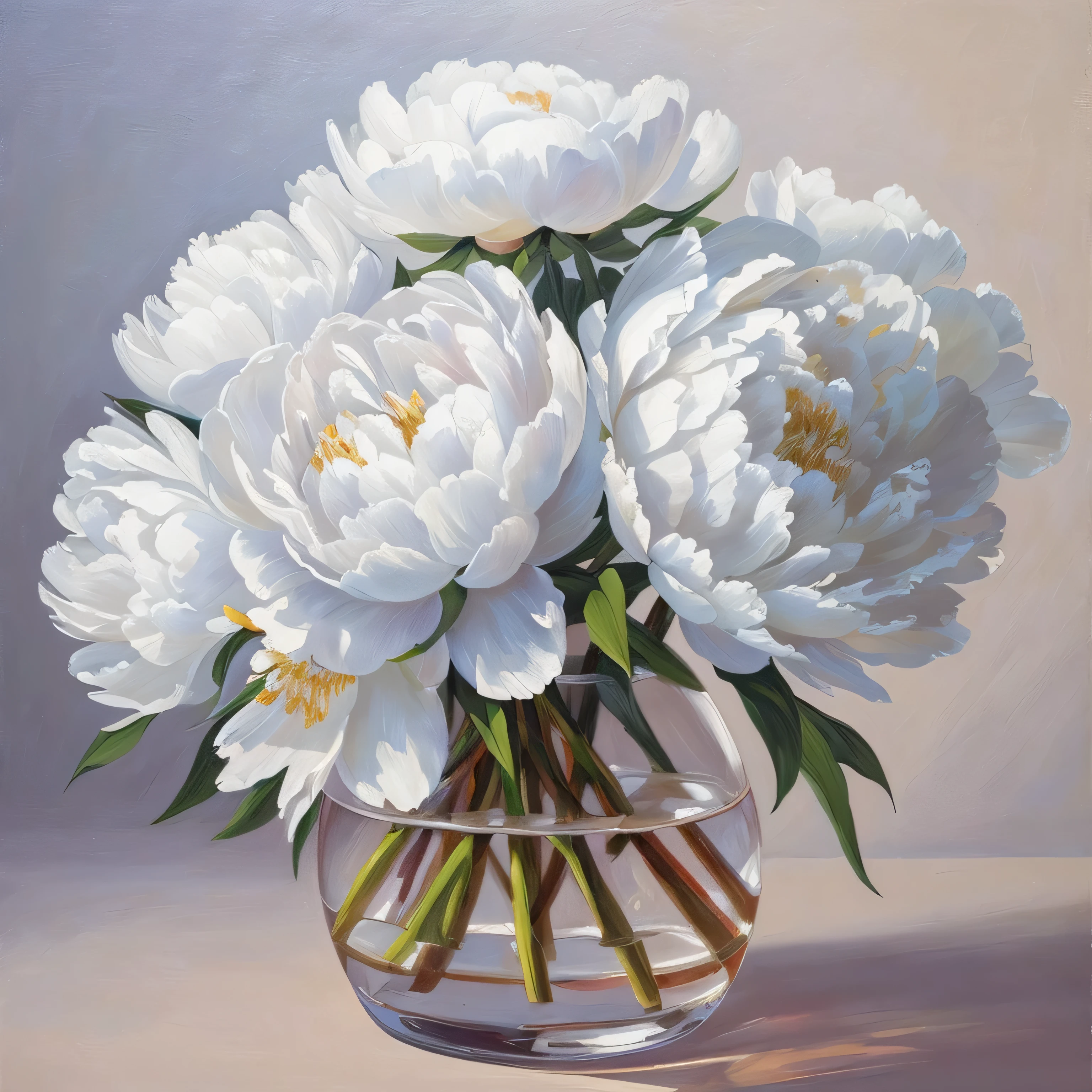 painting of a vase of white flowers in a glass vase, peonies, in an oil painting style, elegant digital painting, realistic flowers oil painting, oil painting style, in the style of photorealism artist, a painting of white silver, by Igor Grabar, peony flowers, elegant oil painting, digital oil painting, highly detailed oil on canvas, peony, heavy brushstrokes, painted texture, brush strokes, by artist Aleksandr deyneka, Pyotr Konchalovsky, Nicholas hely hutchinson, James nares, daniel f. Gerhart