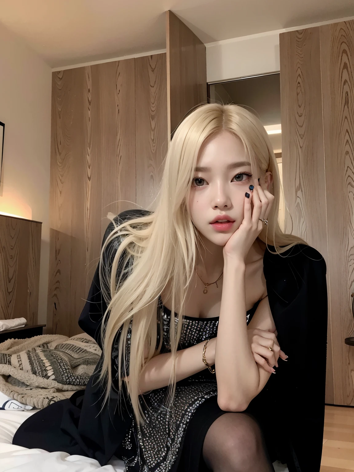 Blonde woman sitting on a bed with her hand on her face, parque roseanne de blackpink, portrait of jossi do blackpink, jossi do blackpink, retrato de jisoo blackpink, Jisoo do Blackpink, Jisoo do Blackpink, jia, Jinyoung Shin, Heonhwa Choe, com longos cabelos loiros, com longos cabelos brancos, Lalisa Manoban do Blackpink