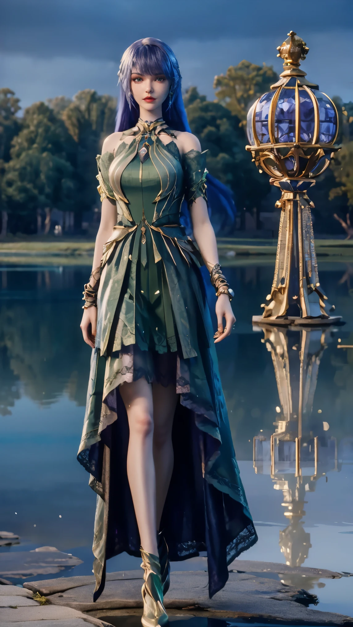 8k, masterpiece, 1 girl, beautiful face, very long hair, light makeup, detailed eyes, detailed lips, small bust, detailed dress, green dress, (wearing jewellery:1.8), (green lace:1.4), ((lake:1.4)), full body