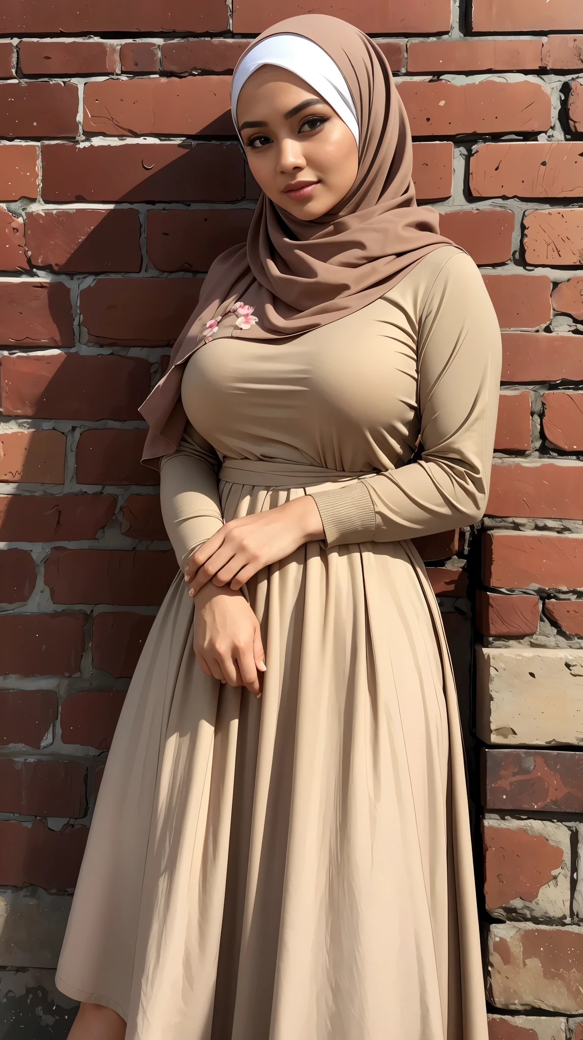 RAW, Best quality, high resolution, masterpiece: 1.3), beautiful Malay woman in hijab, Masterpiece, perfect fit body, big breasts,, beautiful big eyes, Soft smile, muslim woman in a floral dress top and beige skirt leaning against a brick wall, with lovely look, wearing a fisher 🧥, taupe, long skirt, City parks, Great lighting, Bright colors, Ultra realistic clean lines, very realistic