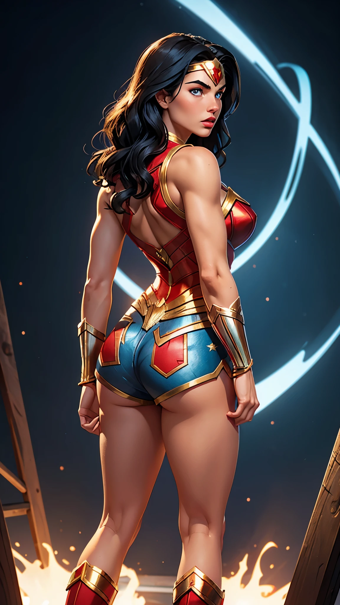 Woman, white skin, black hair, wavy hair, long hair, athletic body, reflective blue shorts, blue eyes, wonder woman style star shorts, short shorts, sexy shorts, metallic red top, low cut, Wonder Woman bib, silver bracelets , golden tiara with red star, serious look, look at the camera, red lips, red boots, heroic pose, big breasts, athletic buttocks, wonder woman style golden bow, shot from behind.