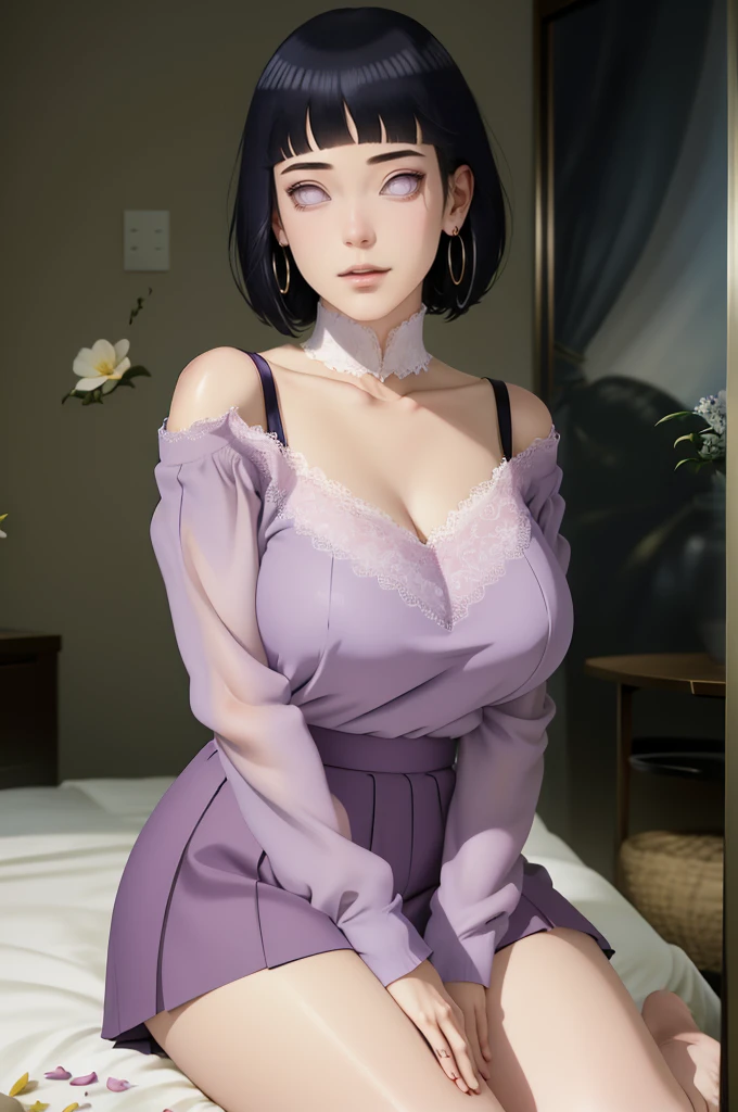 (masterpiece) (huge titusty, masterpiece, absurdres, hinata\(boruto\), 1girl, solo,mature female, off-shoulder bra, high waist short skirt, looking at viewelling petals), perfect composition, detailed lips, big breast, beautiful face, body propotion, blush, (pink lips), short hair, purple eyes, soft gaze, super realistic, detailed, photoshoot, realistic face and body, sitting on the ber, lilac eyes, full body, lace clothes, sexy smile with closed mouth, with large hoop earrings