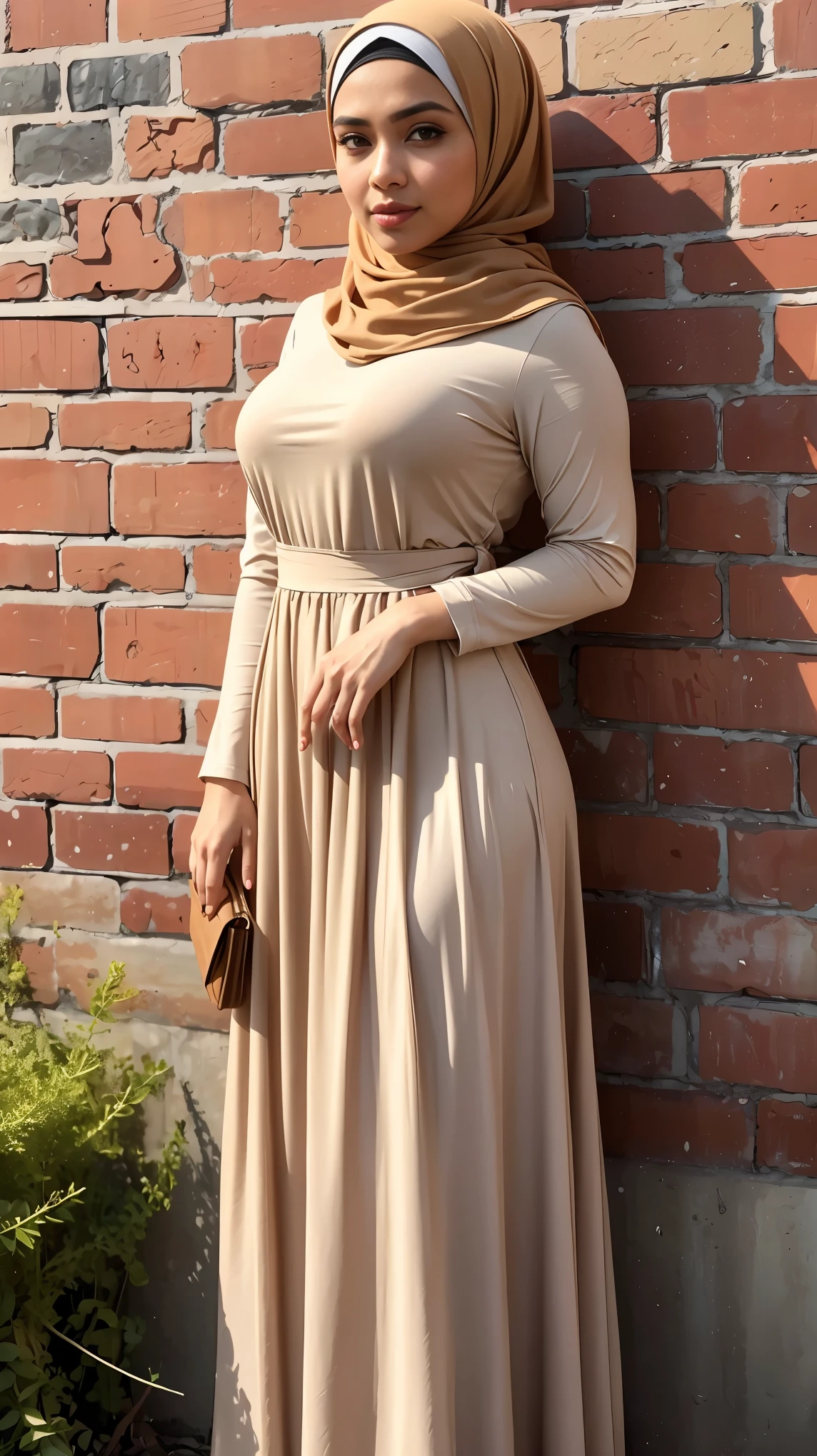 RAW, Best quality, high resolution, masterpiece: 1.3), beautiful Malay woman in hijab, Masterpiece, perfect fit body, big breasts,, beautiful big eyes, Soft smile, muslim woman in a floral dress top and beige skirt leaning against a brick wall, with lovely look, wearing a fisher 🧥, taupe, long skirt, City parks, Great lighting, Bright colors, Ultra realistic clean lines, very realistic