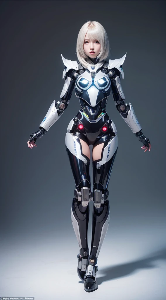 Highest quality, masterpiece, figure, (Realistic, photo-Realistic:1.37), wonderful, In detail, Incredibly absurd, Large file size, Very detailed, High resolution, Very detailed CG Unity 8k wallpaper, Very detailed目と顔, Ray Tracing, Browsing Caution, NUDE, One girl, Korean cyborg girl is innocent and young々Has a sly expression. She poses boldly with her arms raised above her head, Revealing her voluptuous figure. She is wearing a small black mecha armor top that barely covers her breasts., Exposing most of her flawless skin. Her shoulders and head have more armor detailing.、There are shining highlights, Tech Panels and Mechanisms. She is standing against a futuristic cityscape lit up with vibrant neon lights.、Standing full of energy。.