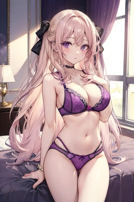 Blonde hair, purple eyes, large breast, sexy, beautiful body, pink underwear, pink lingerie, pink bra, bedroom, Masterpiece