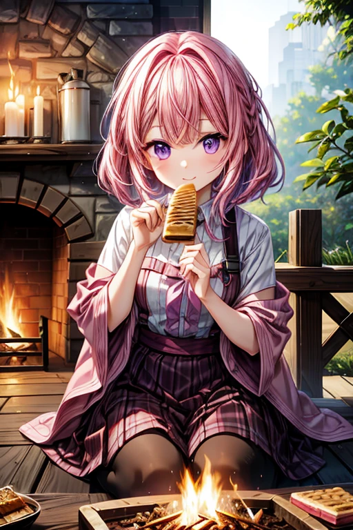 A pink haired woman with violet is eating a s'mores by the fire