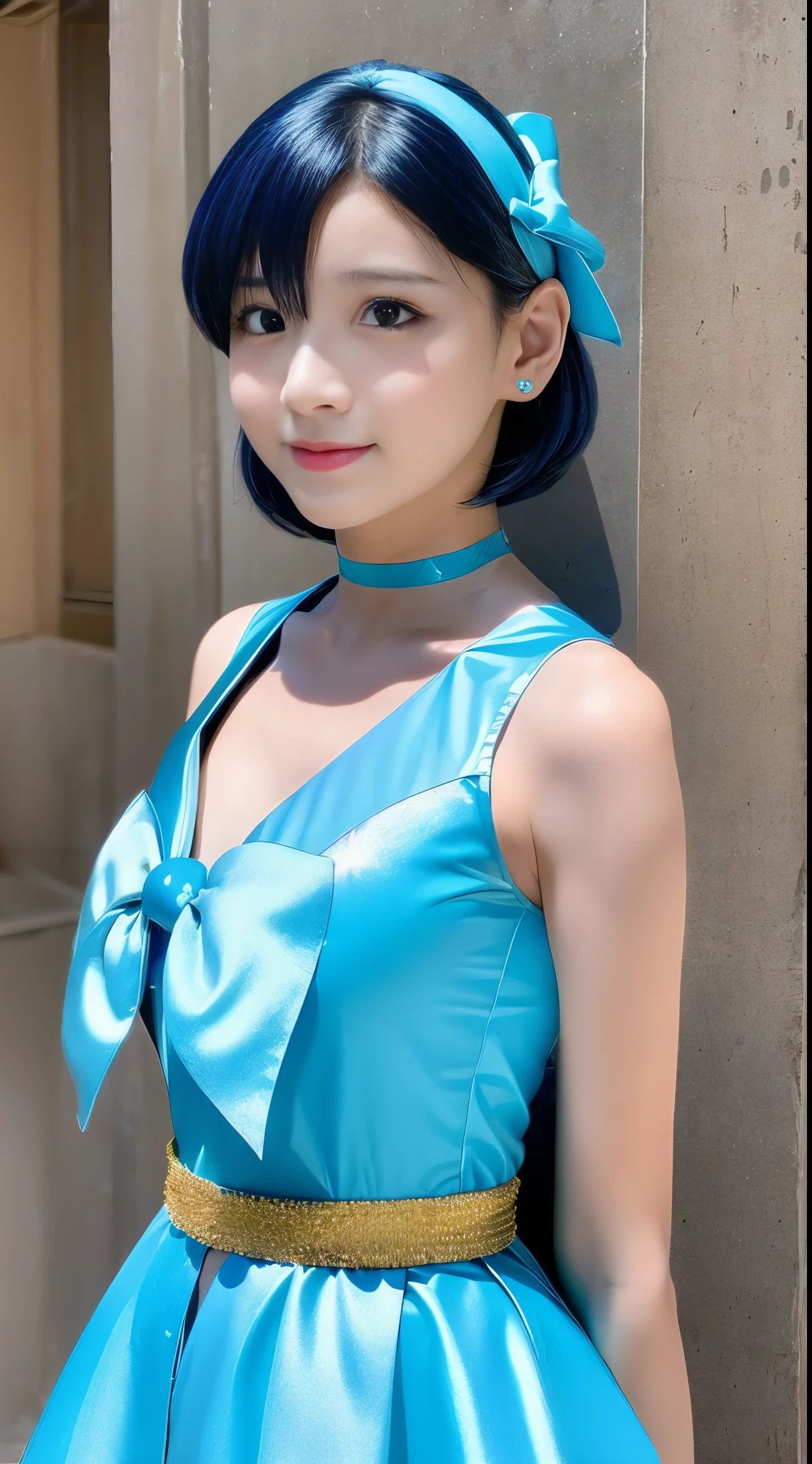 one person、All of the costumes are shiny、light blue