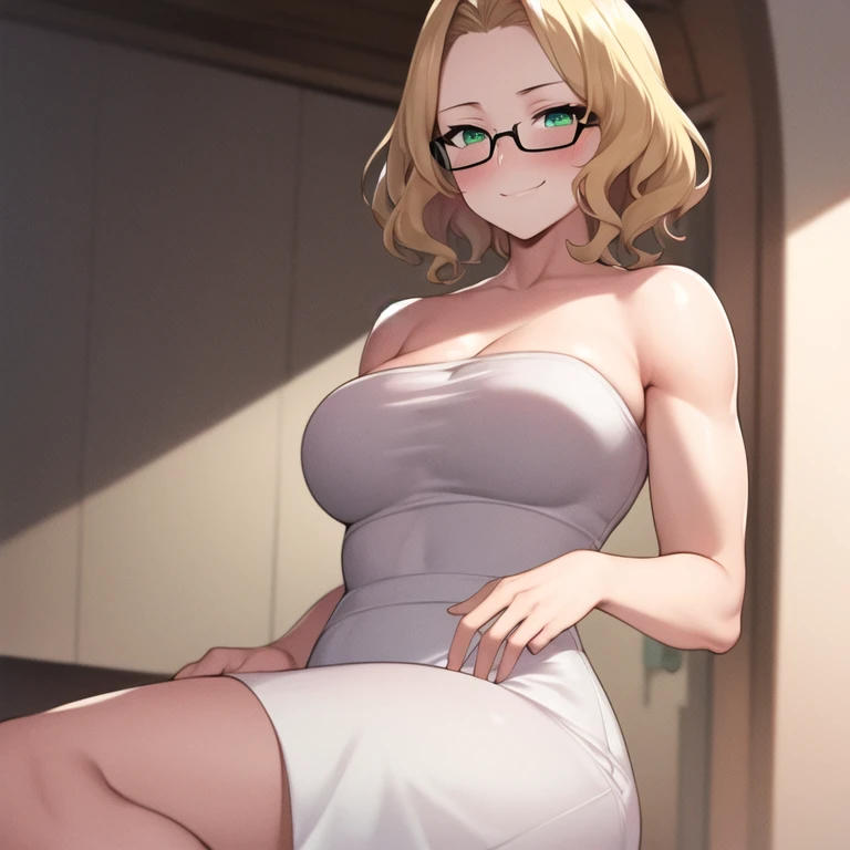 masterpiece, best quality, 1girl, solo, milf, forehead:1.4, large breasts, muscular female, wavy hair, very short hair, blonde hair, green eyes, round glasses, white dress, white dress, tube dress, strapless dress, blush, smirk, looking at viewer