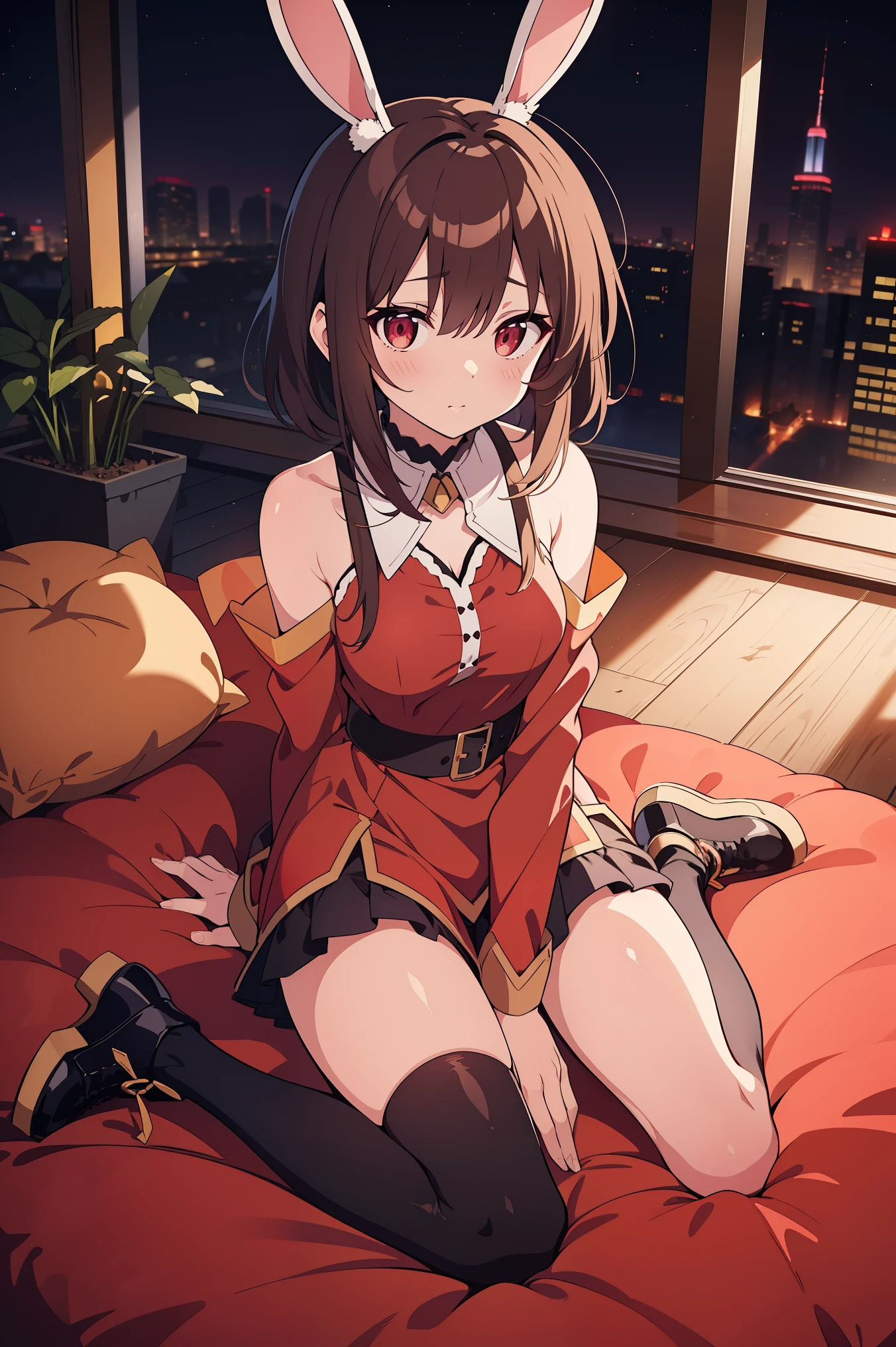 Visualize Megumin from Konosuba with red eyes, short brown hair, bunny ears, wearing a cyberpunk-style outfit, and depicted in full body. 