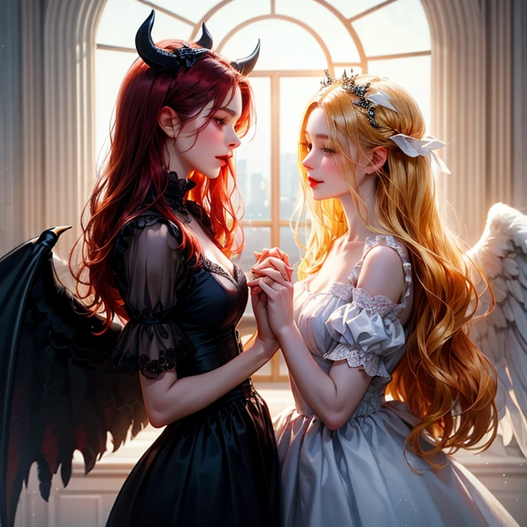 Two girls, facing each other and holding hands, one dressed as an angel, an angel with an angel's ring on her head, a ring of yellow light, white fluffy wings, dressed in white, and the other a devil with red horns and black wings, dressed in black.