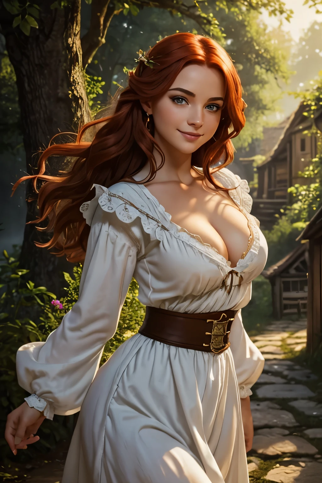 A beautiful and sexy peasant woman dress like a tavern wench, beautiful aquiline face detail, bright light eyes, full luscious lips, sexy eyeliner and eyeshadow, flirty smile, mischievous glint in her eye, detailed tiny perky cleavage, perfect legs, lithe body, wonderful and innocent energy, adventurous spirit, Lucious red hair, atmospheric fog, ambient light, rim light, a small medieval village, an overgrown forest, sexy dancing and twirling,