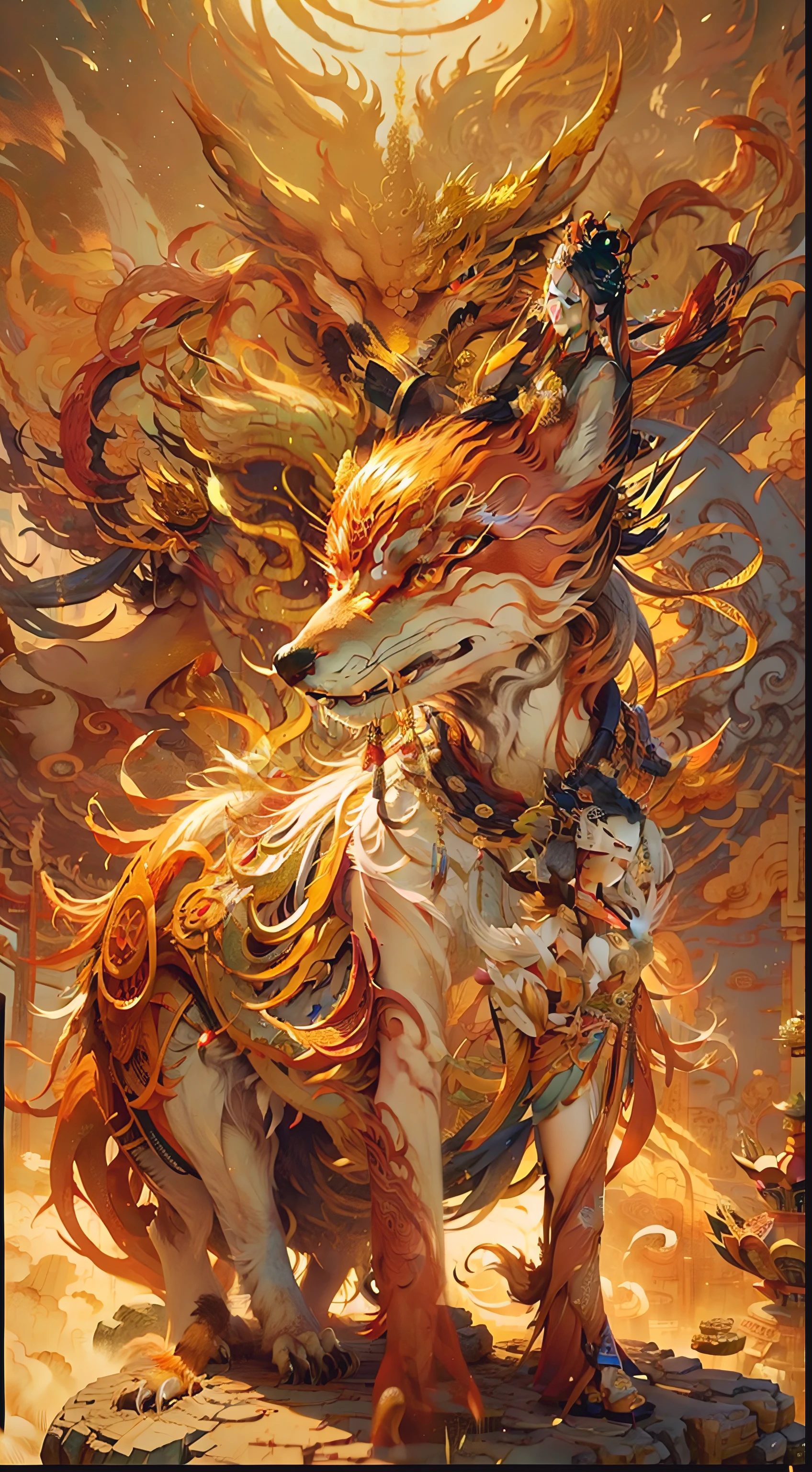 (vitality+Chinese mythology+Ancient mythical beast nine-tailed fox)Gorgeous 3D rendering,(masterpiece+best quality+high detail)Photographic quality performance,The ultimate visual presentation,clear focus,strong depth of field。