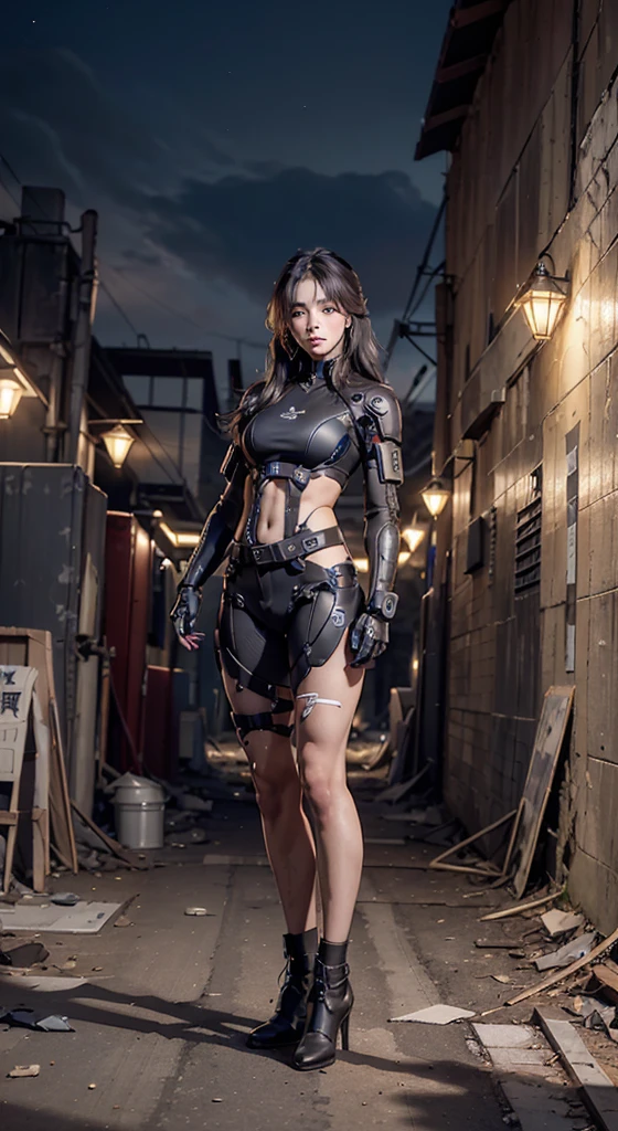 ((best quality)), ((masterpiece)), (Very detailed:1.3), 3d, beautiful (Cyberpunk:1.3) Street warrior woman with thick and shapeless hair, Pistol worn on waist.China&#39;s, The female soldier stopped under the neon light，The lens is shot from the side，Her face became clearer under the light.，Blurred city silhouette in the background