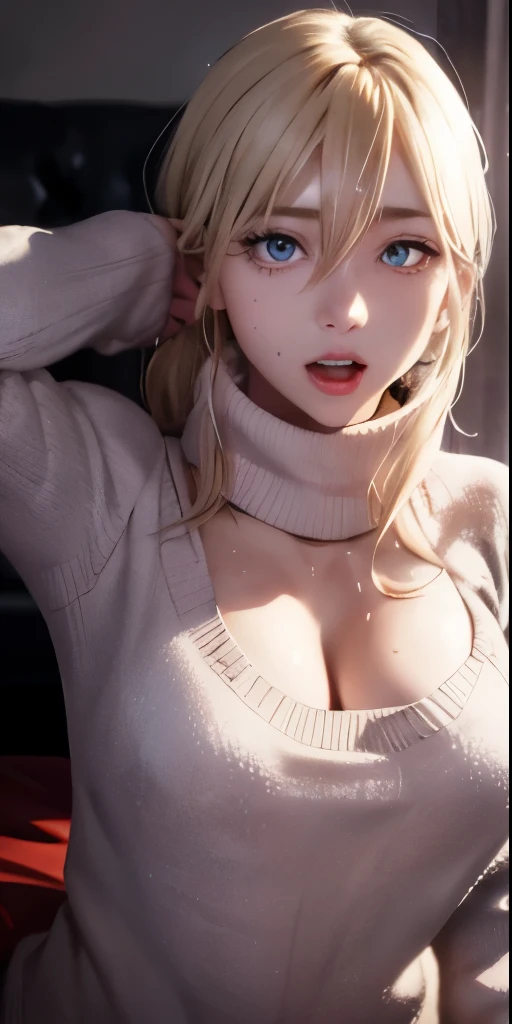 realisticlying、show through、 girl、Wearing a red sweater，Face enhancement，Chest super large zoom，Cleavage emphasis，Looking up from the bottom，Hair blonde，Blue eyes、Blushing，Red lips，A sexy，Bed sit，Open your mouth wide、Put your arms around the back of your head、Wearing a turtleneck sweater，Sweaty face