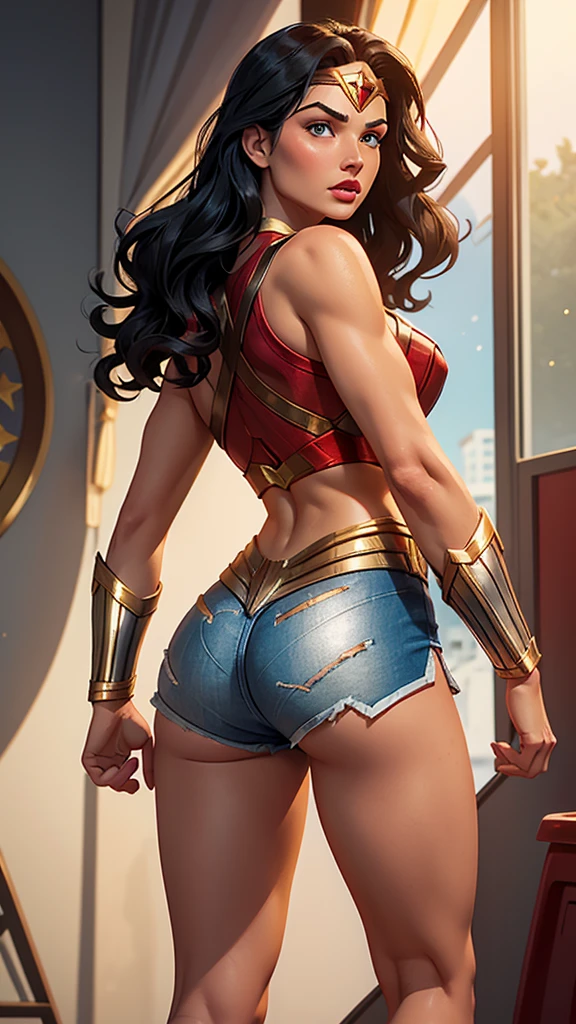 Masterpiece,(wonder woman), detailed blue eyes, detailed lips, detailed nose,, detailed hands, round ass visible, From behind, Wonder Woman stands tall with her feet shoulder-width apart. Her hands rest confidently on her hips,(skirt hugging her ass)and her long, dark hair cascades down her back, reaching just above her waist. Her red, white, and blue costume is visible, with the golden lasso clipped to her side.