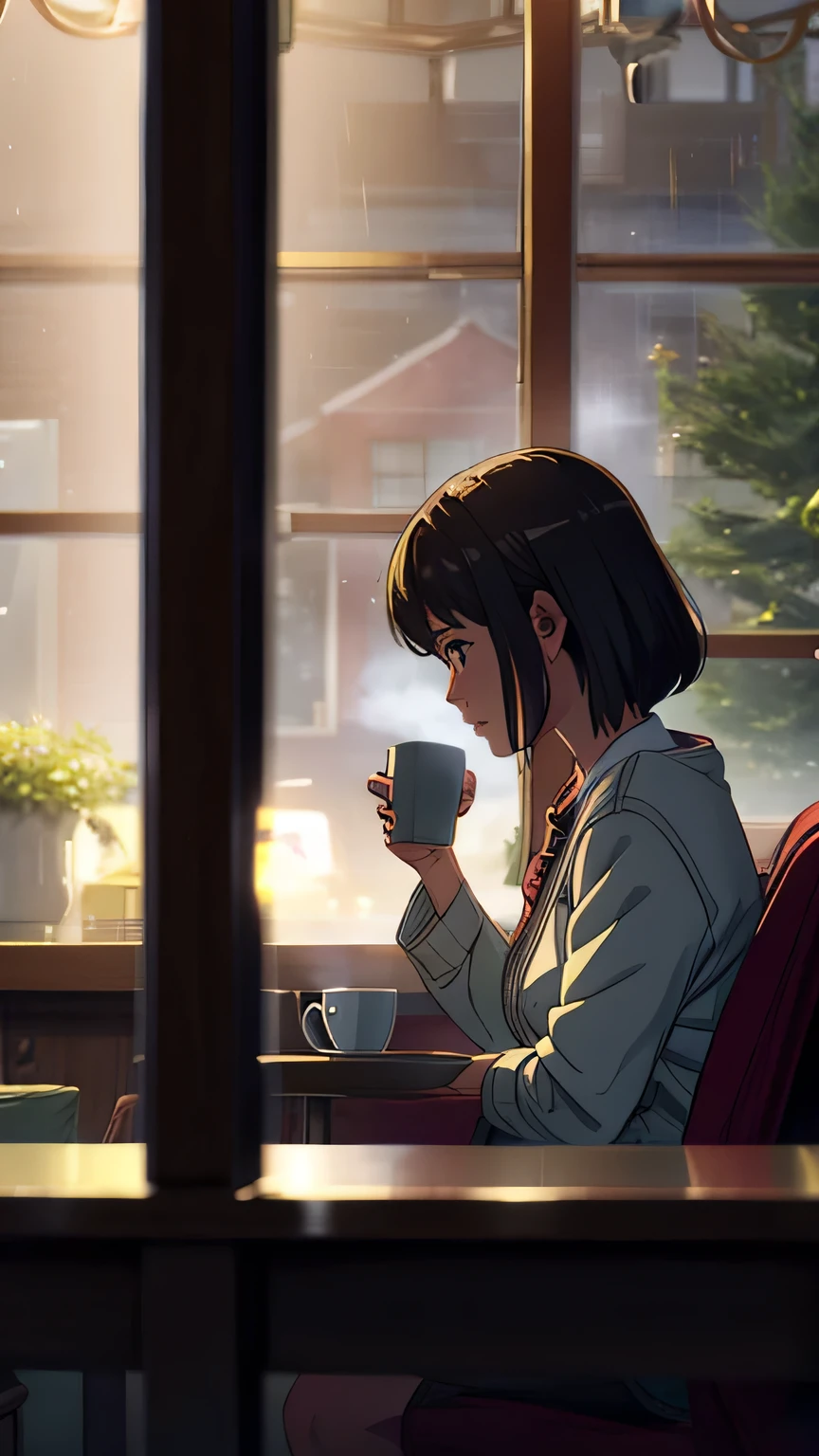 Scene of a cozy cafe, with a steaming cup of coffee, luzes suaves, Pessoas lendo livros, Detalhes Vintage, nostalgic atmosphere, windows fogged up by the rain outside, lofi music playing, Relaxing vibe.