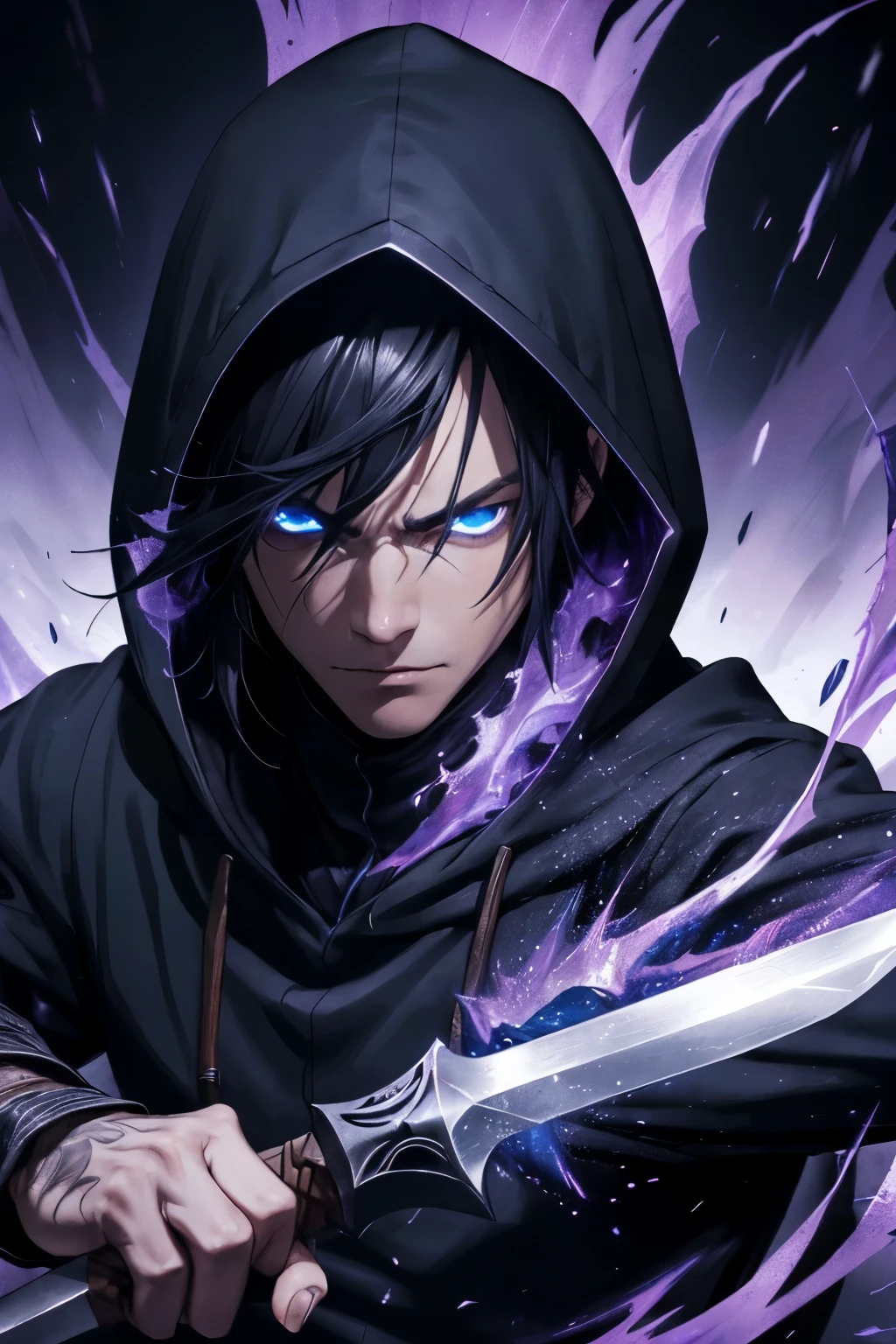 (extremely detailed 8k wallpaper), a medium shot of a fearful rogue, male, male focus, black hair, blue eyes, black clothing, hooded, medieval, intricate, high detail, with a shadow blade in his hand with purple fire