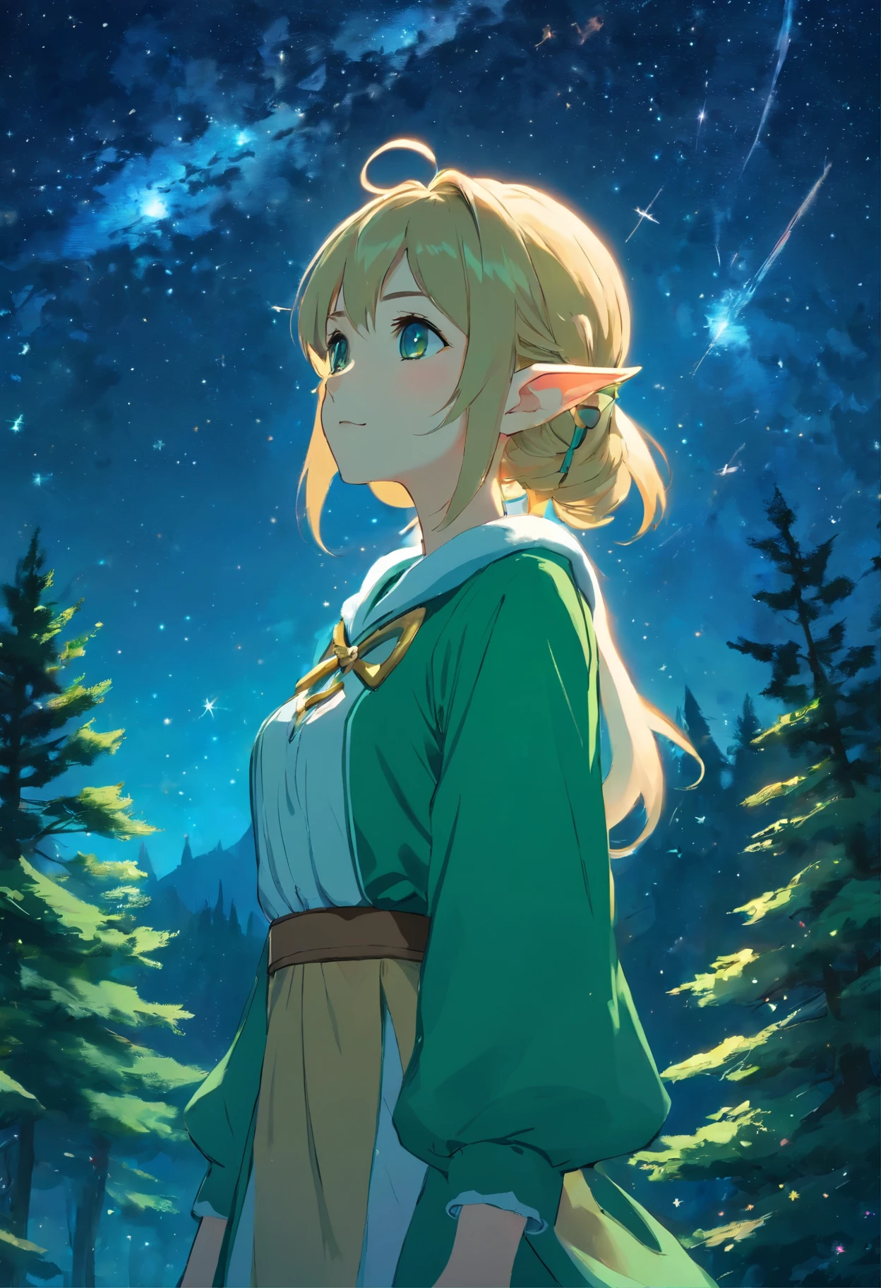 elf girl ,Pointy ears,((magical )), ((Gorgeous starry sky background)), elven nature , forest background