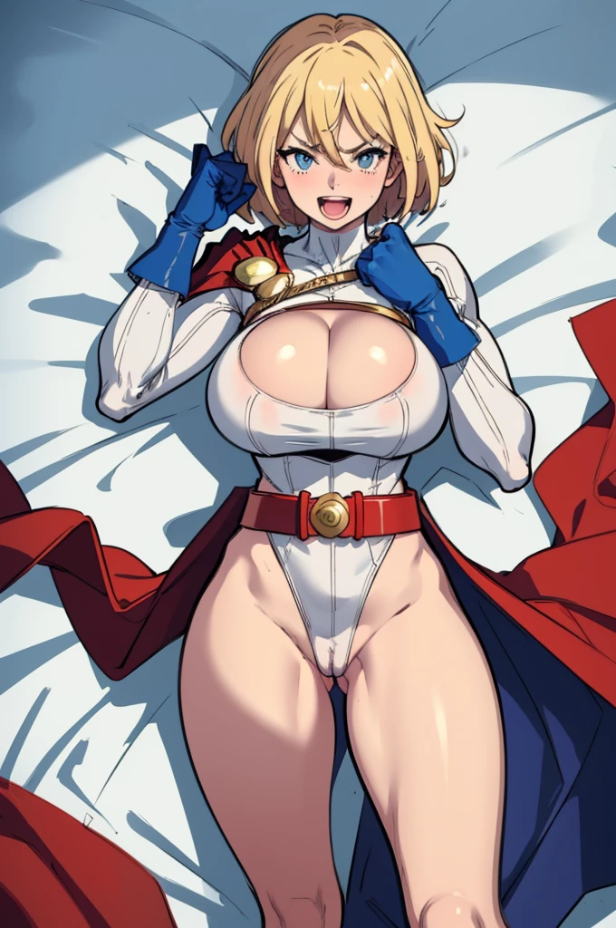 masterpiece, best quality, pwrgirl, cape, leotard, cleavage cutout, long sleeves, blue gloves, red belt, huge breasts, city, looking at viewer, :D, furrowed brow, 1girl, 1boy, sex, legs spread