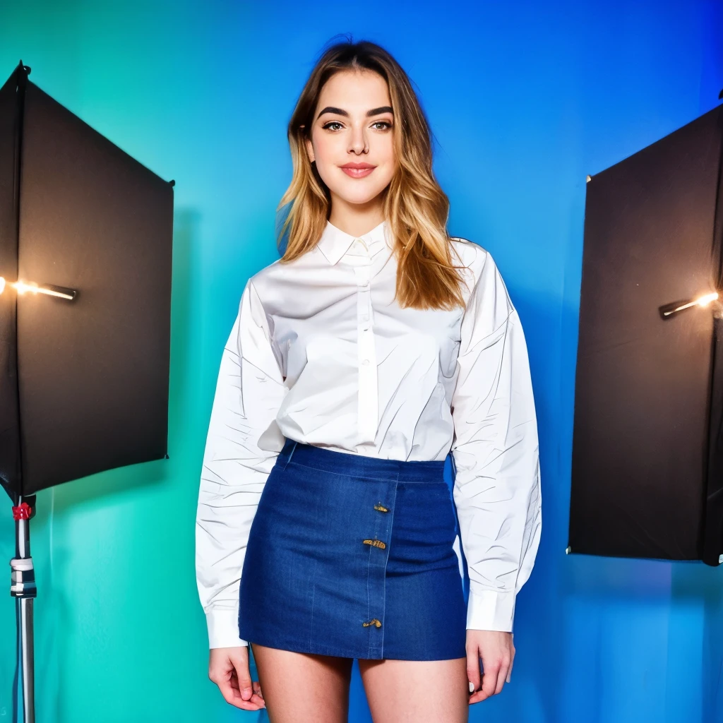 (masterpiece), realistic, (27 year old Elizabeth Gillies), pretty face, wearing simple beige shirt and denim skirt, studio lighting, cinematic light, beautiful woman, beautiful blue-green eyes, milky Long beige hair, perfect anatomy, very cute smile, princess eyes, (blue-green eyes), (full body frame), center image, style, bioluminescent, life size 8, 8k resolution, human hands, curiously full, elegant, close to perfection, dynamic, highly detailed, character sheet, concept art, soft, positioned so that their bodies are al symmetrical and balanced directly towards the viewer.