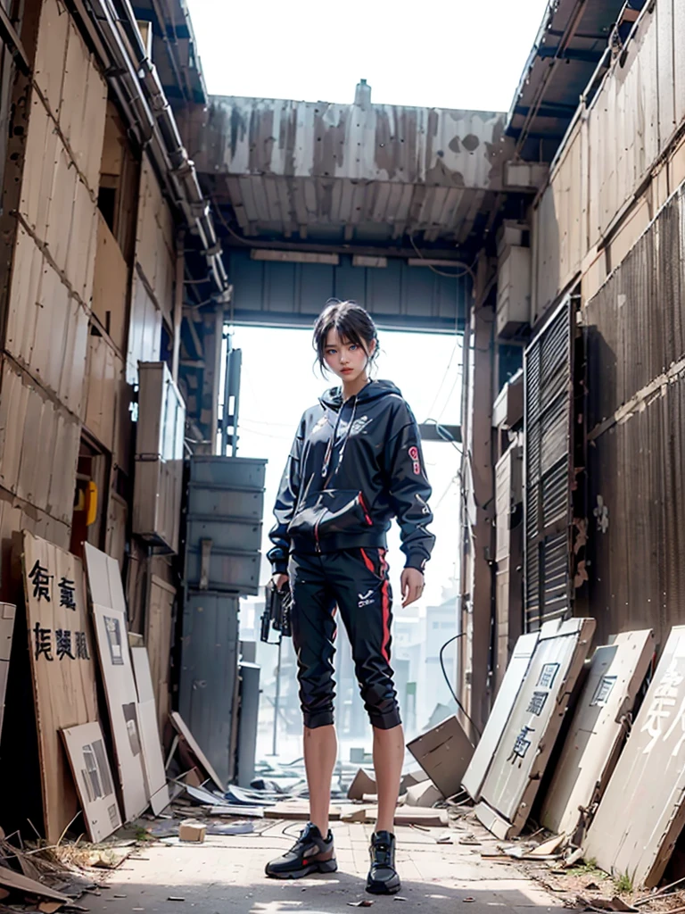 (逼真:1.4)、Abandoned factory at night、Projected on a searchlight、Top image quality、central、Full body standing pose、Niō Standing、Large firearms、Blue eyes、A dark-haired、Expressionless mechanical 18 year old woman