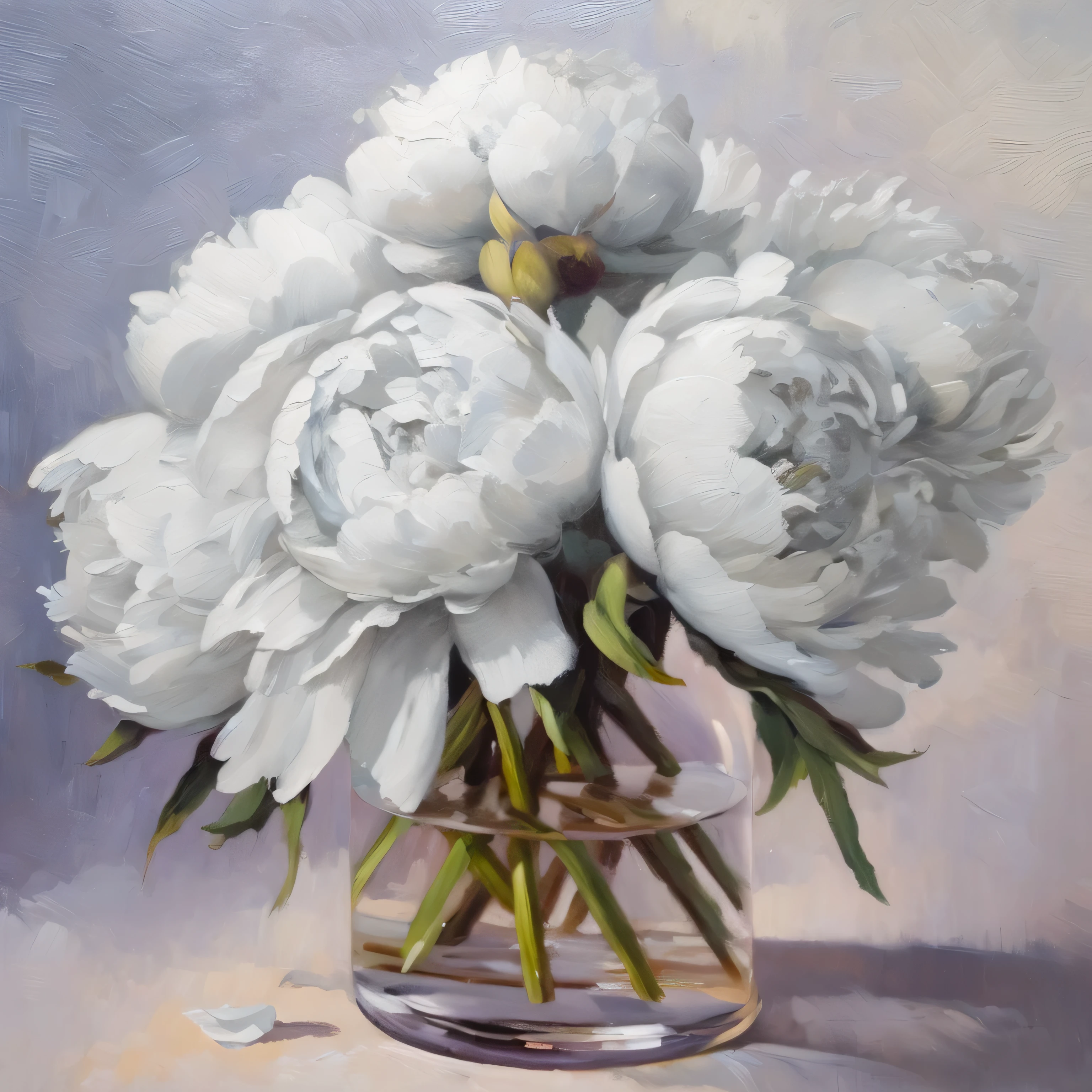 painting of a vase of white flowers in a glass vase, peonies, in an oil painting style, elegant painting, realistic flowers oil painting, oil painting style, in the style of photorealism artist, a painting of white silver, by Igor Grabar, peony flowers, elegant oil painting, digital oil painting, highly detailed oil on canvas, peony, heavy brushstrokes, painted texture, brush strokes, by artist Aleksandr deyneka, Pyotr Konchalovsky, Nicholas hely hutchinson, James nares, daniel f. Gerhart