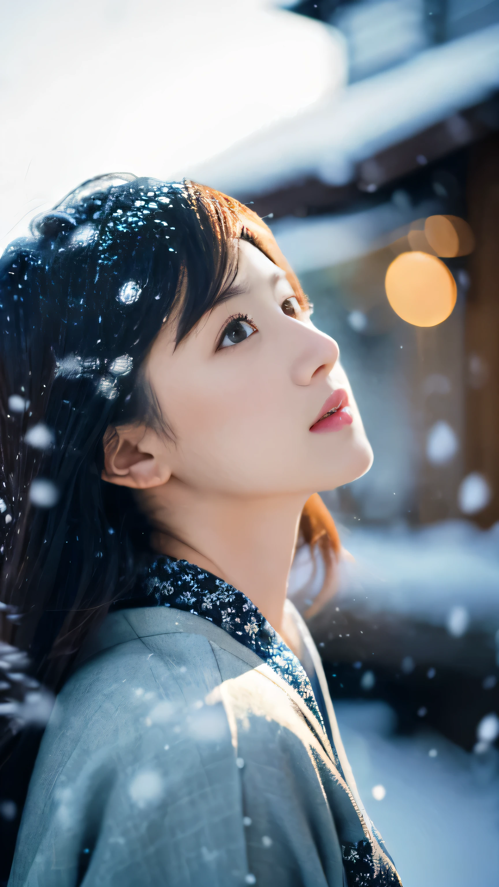 Kimono)、、(top-quality,masterpiece:1.3,超A high resolution,),(ultra-detailliert,Caustics),(Photorealsitic:1.4,RAW shooting,)Ultra-realistic capture,A highly detailed,high-definition16Kfor human skin、 Skin texture is natural、、The skin looks healthy with an even tone、 Use natural light and color,One Woman,japanes,,kawaii,A dark-haired,Middle hair,(depth of fields、chromatic abberation、、Wide range of lighting、Natural Shading、)、、(Falling snow:1.3)、(Hair swaying in the wind:1.2)、(Snow reflects light:1.3)